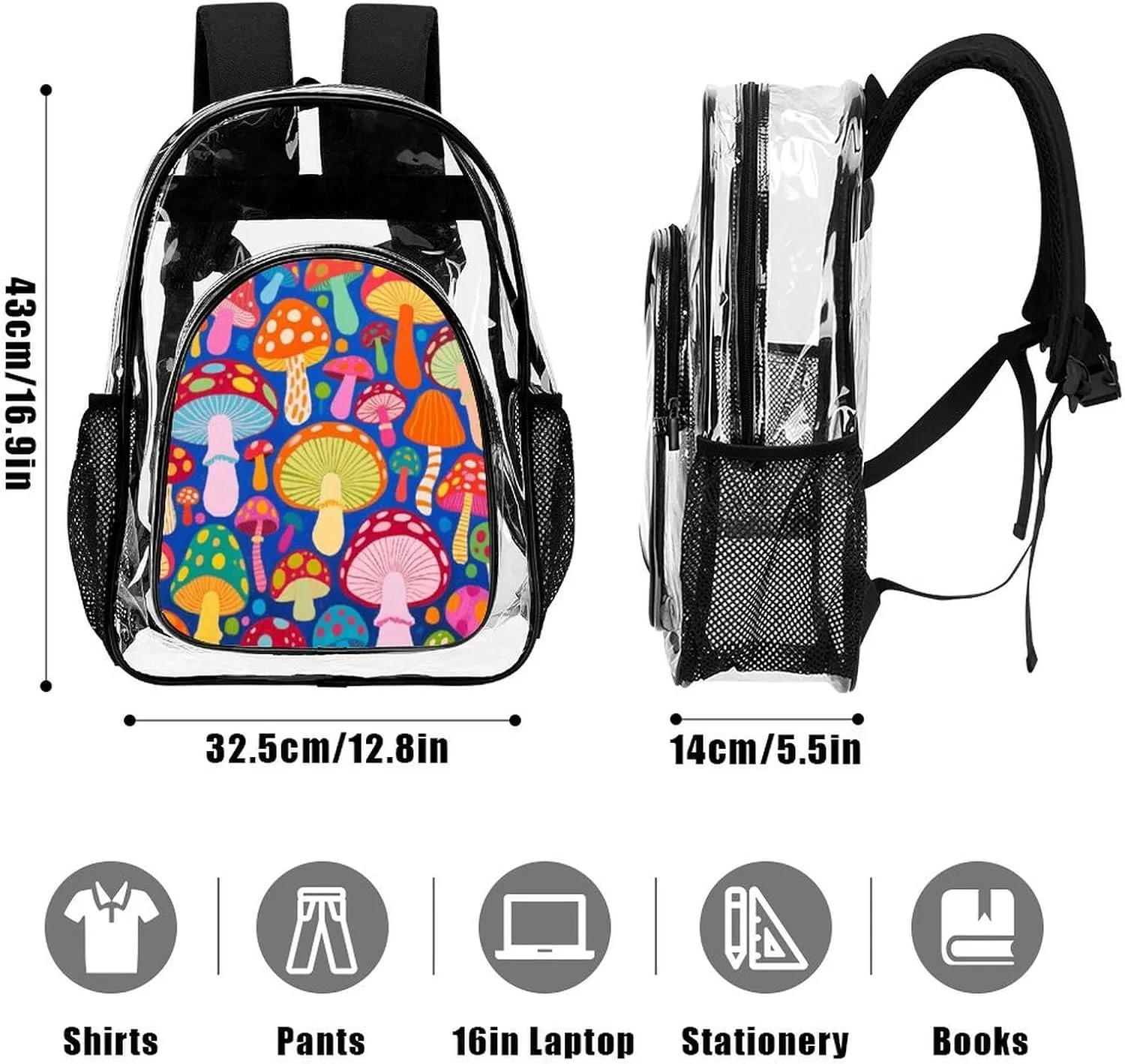Supdreamc Men Women Lightweight Colorful Mushroom Art Casual Daypack Big Capacity Bookbag Transparent Bag for Gym Travel Walking Cycling