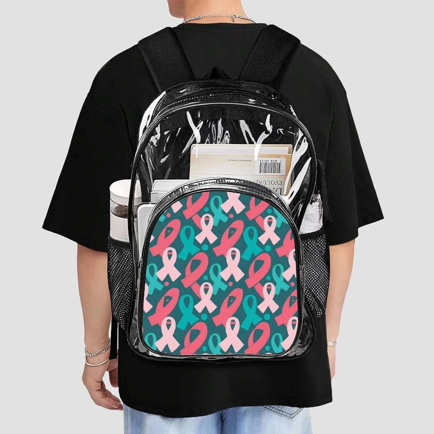 Supdreamc Men Women Lightweight Colorful Ribbon Breast Cancer Awareness Art Daypack Bookbag Big Capacity Carry On Bag Transparent Bag for Camping Travel Bicycle