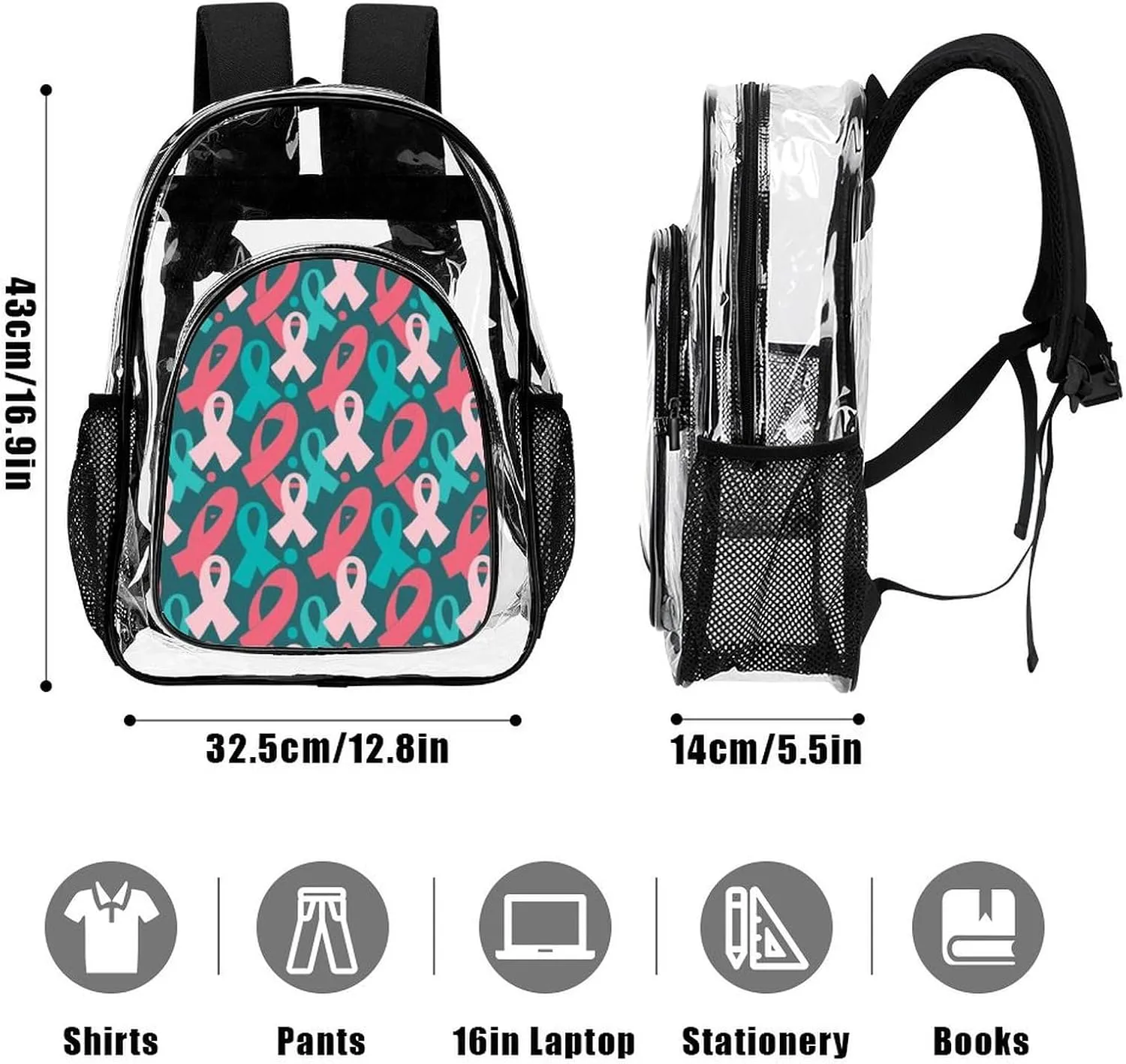 Supdreamc Men Women Lightweight Colorful Ribbon Breast Cancer Awareness Art Daypack Bookbag Big Capacity Carry On Bag Transparent Bag for Camping Travel Bicycle