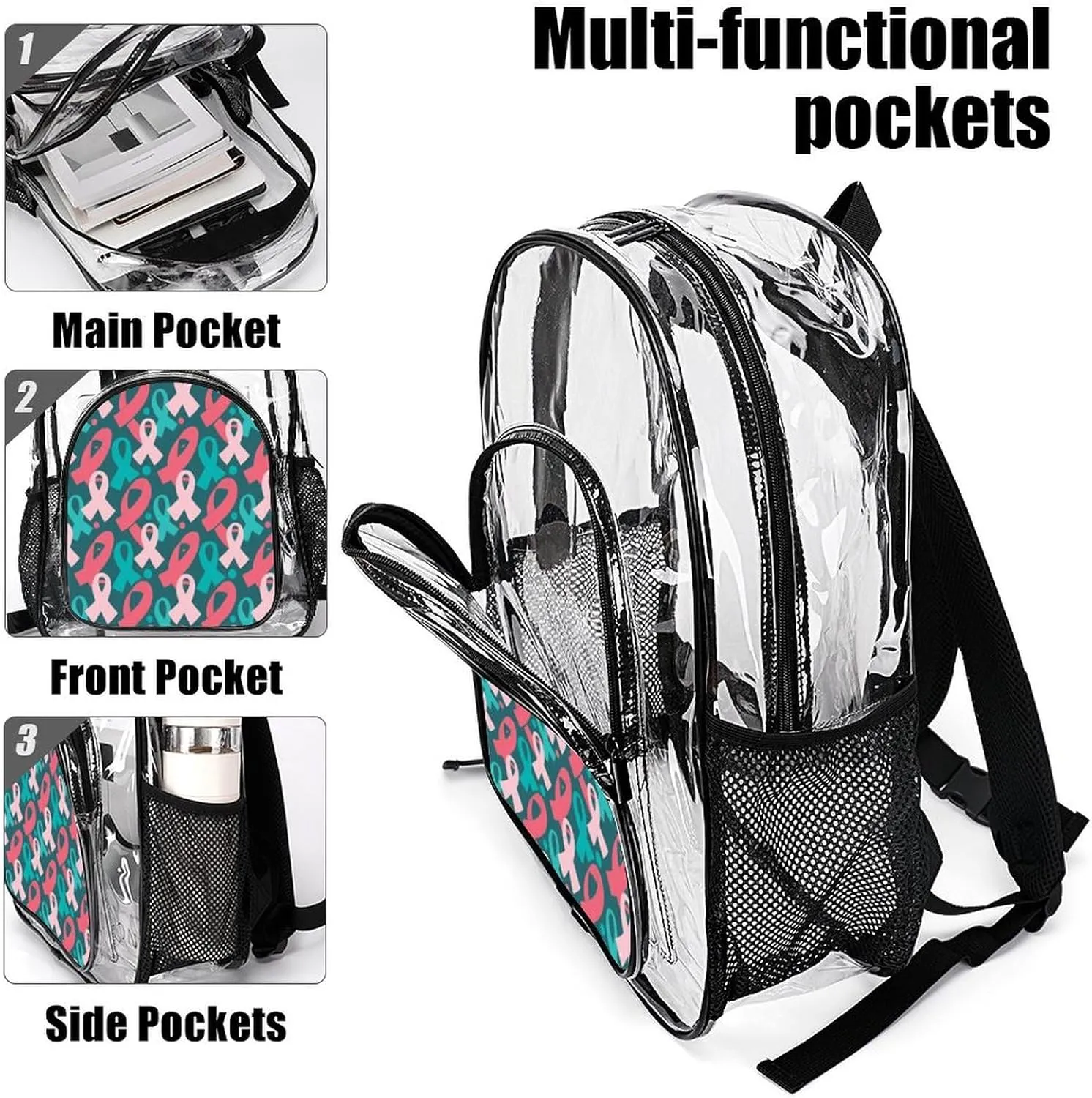 Supdreamc Men Women Lightweight Colorful Ribbon Breast Cancer Awareness Art Daypack Bookbag Big Capacity Carry On Bag Transparent Bag for Camping Travel Bicycle