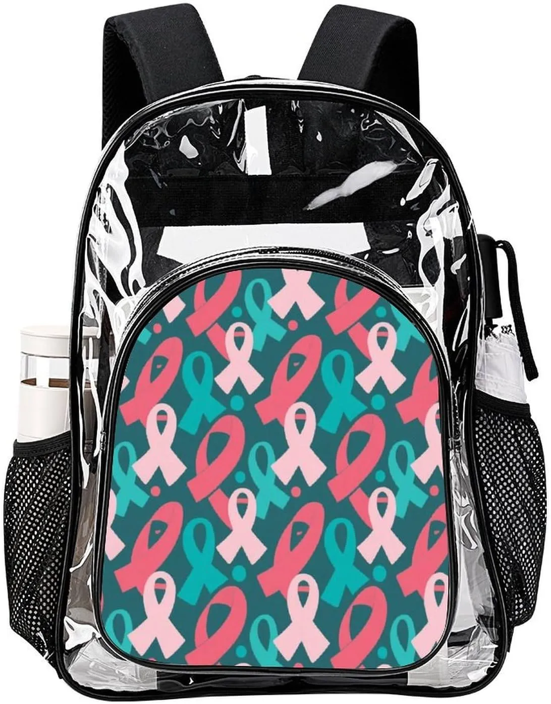 Supdreamc Men Women Lightweight Colorful Ribbon Breast Cancer Awareness Art Daypack Bookbag Big Capacity Carry On Bag Transparent Bag for Camping Travel Bicycle