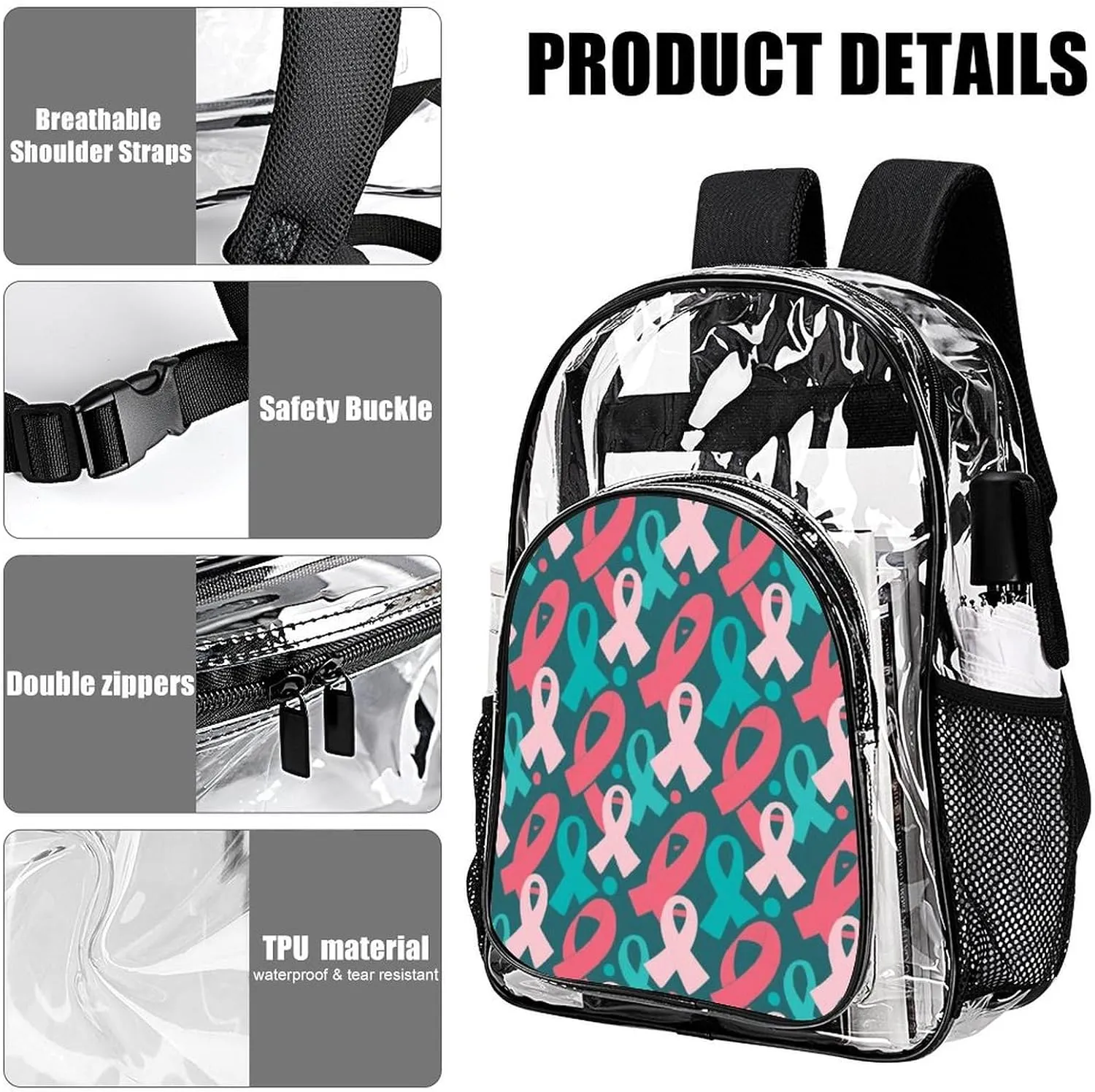 Supdreamc Men Women Lightweight Colorful Ribbon Breast Cancer Awareness Art Daypack Bookbag Big Capacity Carry On Bag Transparent Bag for Camping Travel Bicycle