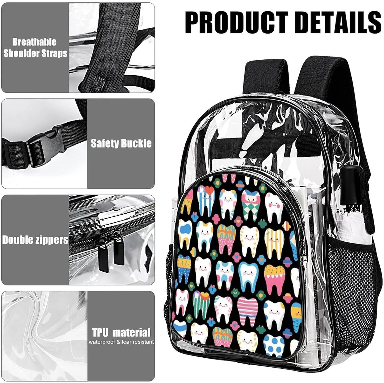 Supdreamc Men Women Lightweight Funny Teeth Dental Art Daypack Bookbag Big Capacity Carry On Bag Transparent Bag for Camping Travel Bicycle