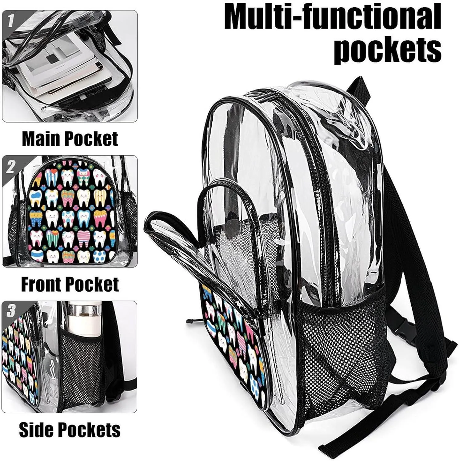 Supdreamc Men Women Lightweight Funny Teeth Dental Art Daypack Bookbag Big Capacity Carry On Bag Transparent Bag for Camping Travel Bicycle