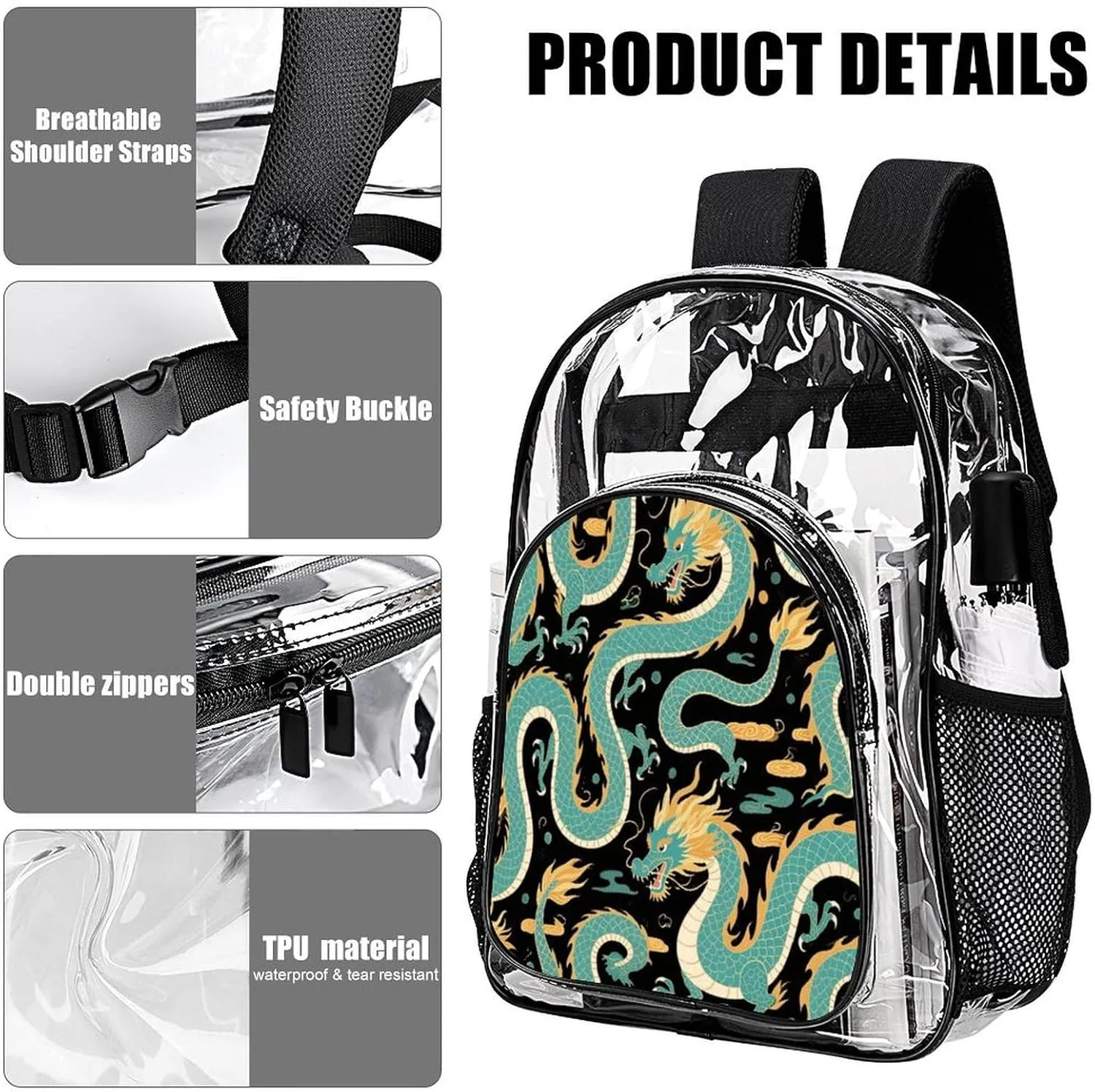 Supdreamc Rucksack Anti-Theft Multipurpose Big Capacity Carry On Bag - Chinese Dragons Art Traveling & Camping Backpack Transparent Bag