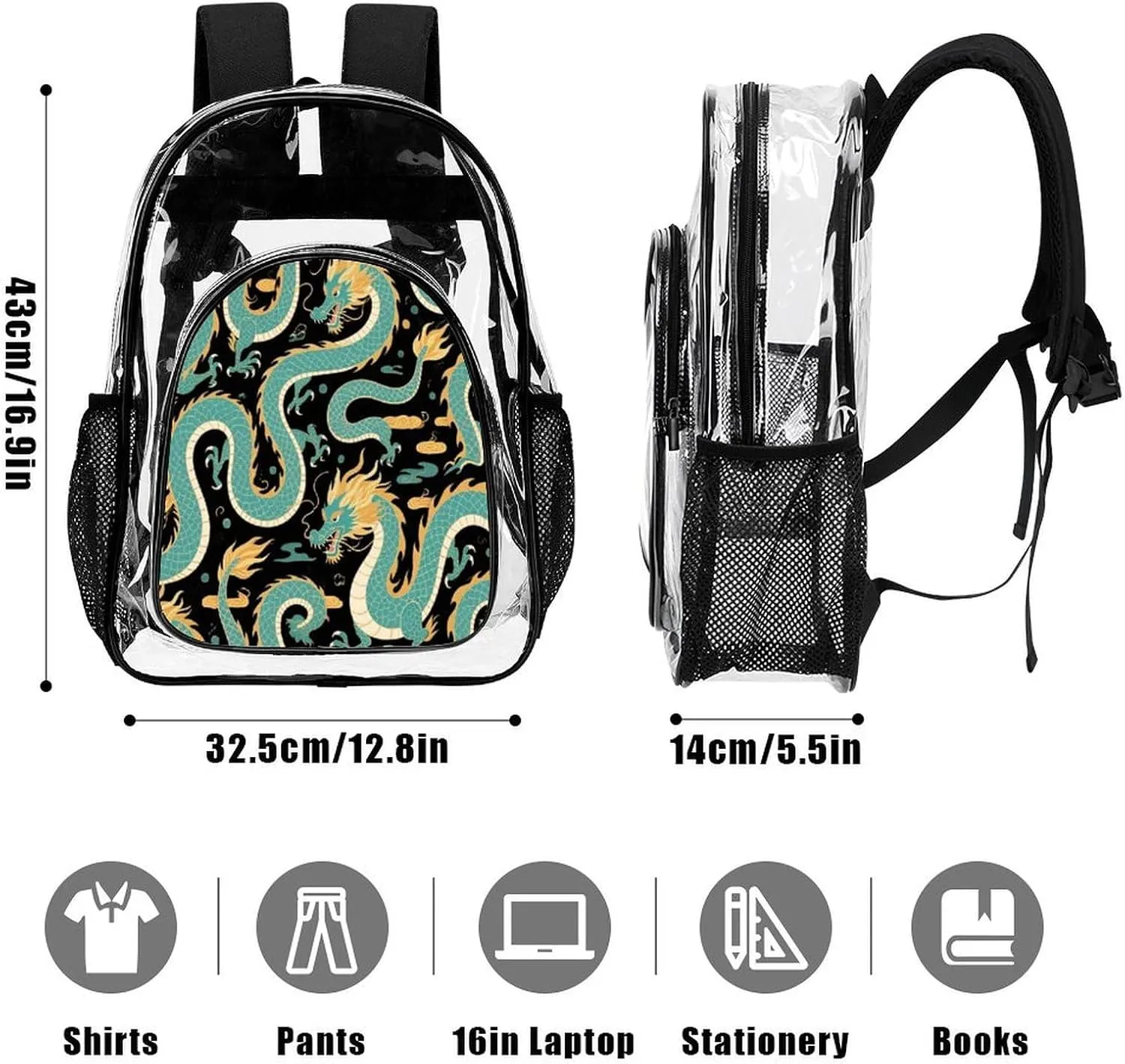 Supdreamc Rucksack Anti-Theft Multipurpose Big Capacity Carry On Bag - Chinese Dragons Art Traveling & Camping Backpack Transparent Bag