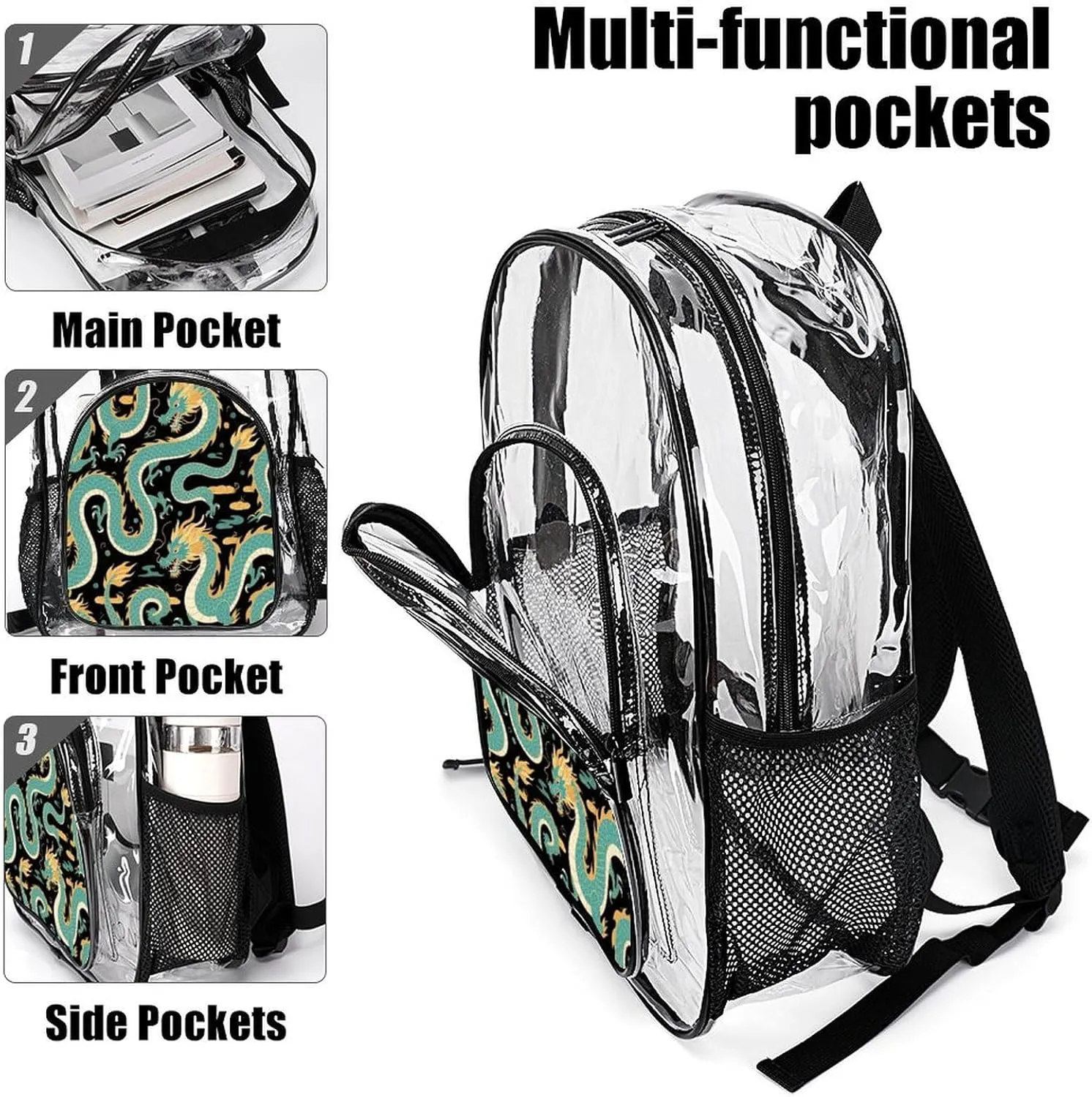 Supdreamc Rucksack Anti-Theft Multipurpose Big Capacity Carry On Bag - Chinese Dragons Art Traveling & Camping Backpack Transparent Bag