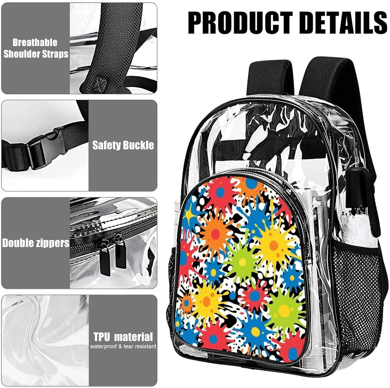 Supdreamc Shoulder Book Bags Anti-Theft Multipurpose Big Capacity Bookbag - Colorful Splatter Color Art Travel Hiking Backpack Transparent Bag