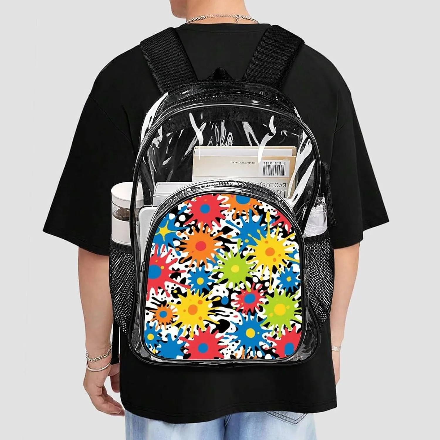 Supdreamc Shoulder Book Bags Anti-Theft Multipurpose Big Capacity Bookbag - Colorful Splatter Color Art Travel Hiking Backpack Transparent Bag