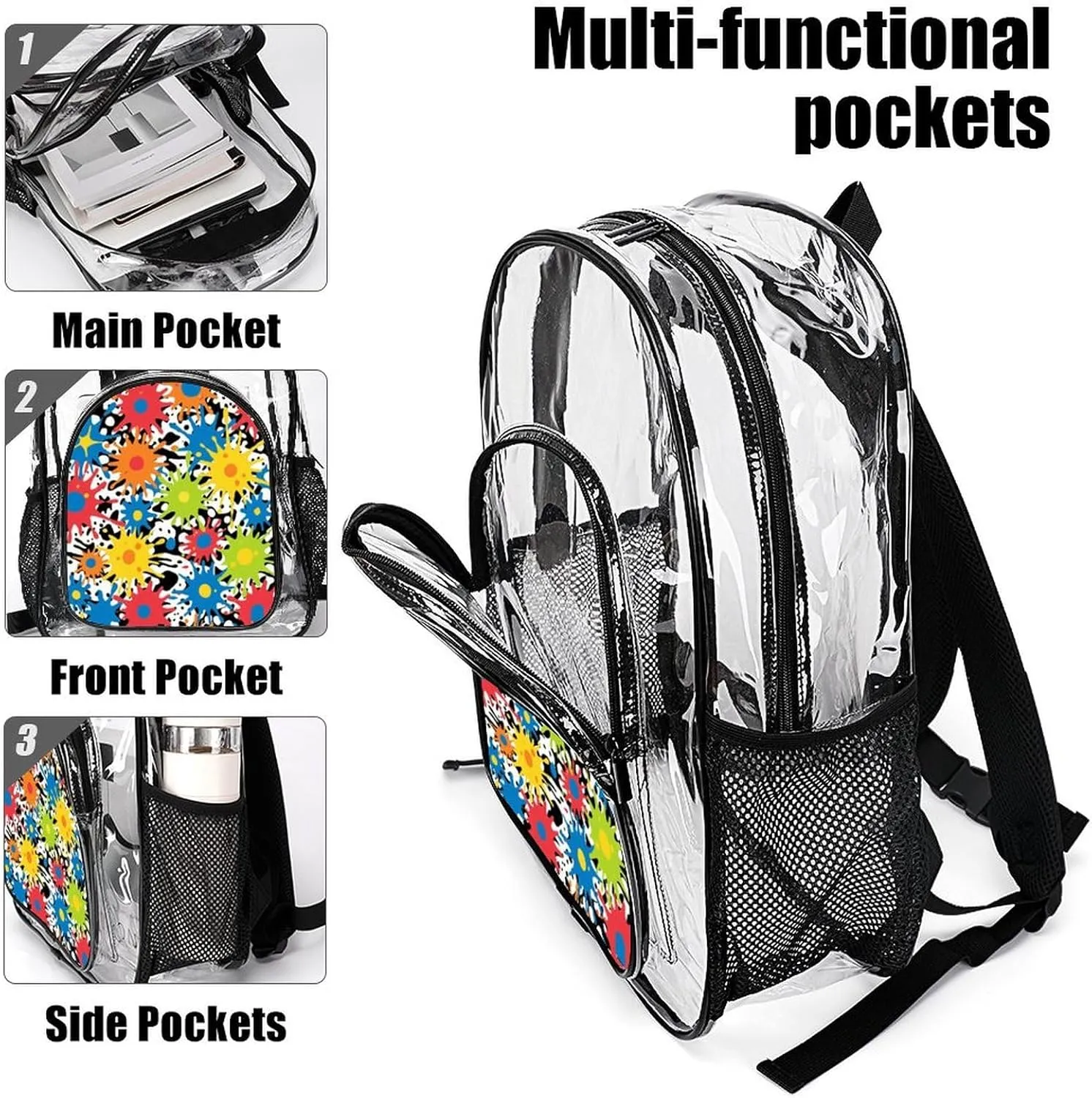 Supdreamc Shoulder Book Bags Anti-Theft Multipurpose Big Capacity Bookbag - Colorful Splatter Color Art Travel Hiking Backpack Transparent Bag