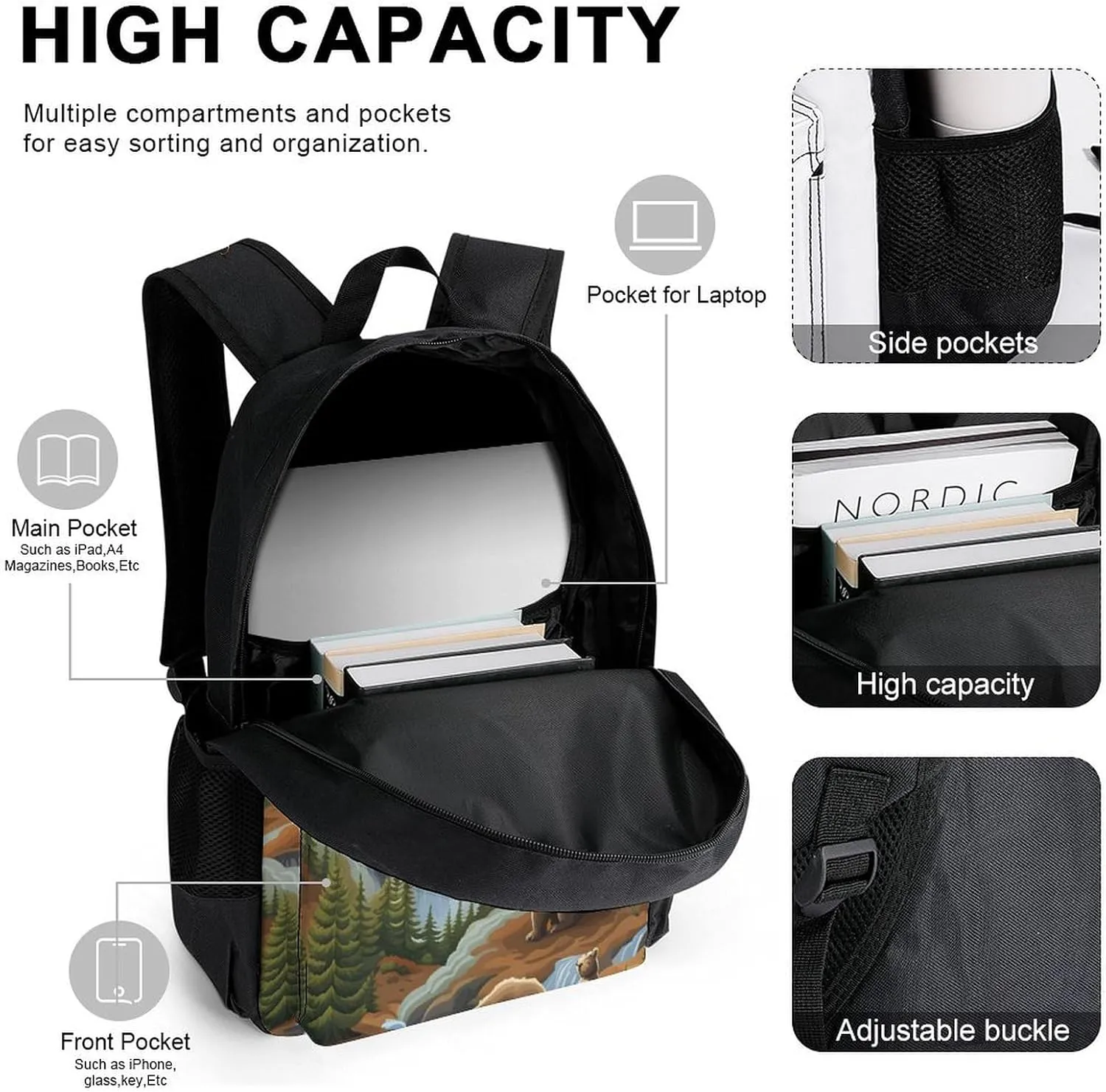 Supdreamc Shoulder Book Bags Sets, Backpack   Lunch Bag   Pencil Case for Travel Cycling, Bears Lovers Pattern Travel Hiking Bag & Day Pack for College Men and Women