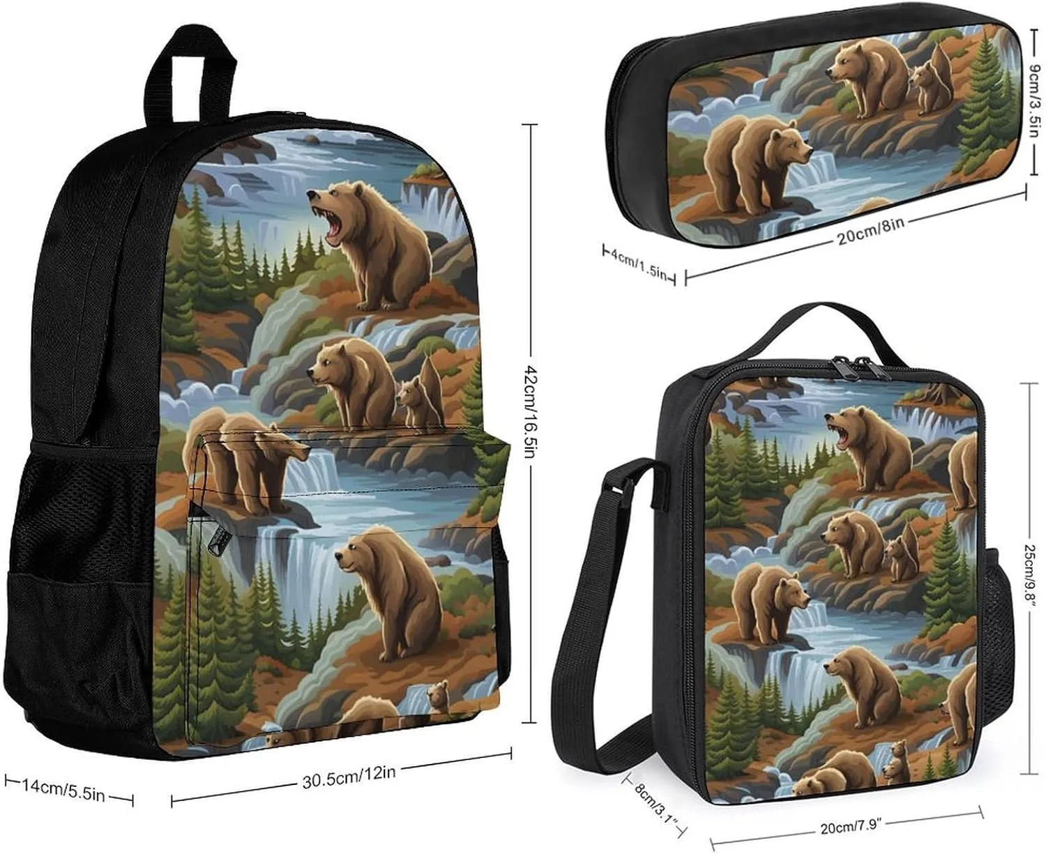 Supdreamc Shoulder Book Bags Sets, Backpack   Lunch Bag   Pencil Case for Travel Cycling, Bears Lovers Pattern Travel Hiking Bag & Day Pack for College Men and Women