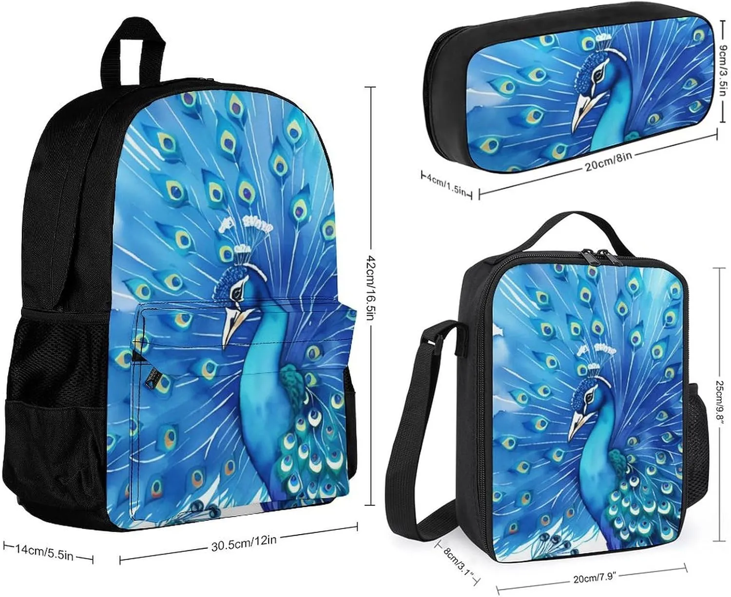 Supdreamc Shoulder Book Bags Sets, Rucksacks   Lunch Bag   Pencil Case for Travel Running, Peacock Blue Watercolor Art Travel Hiking Bag & Day Pack, One Size