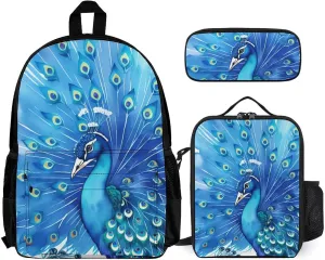 Supdreamc Shoulder Book Bags Sets, Rucksacks   Lunch Bag   Pencil Case for Travel Running, Peacock Blue Watercolor Art Travel Hiking Bag & Day Pack, One Size