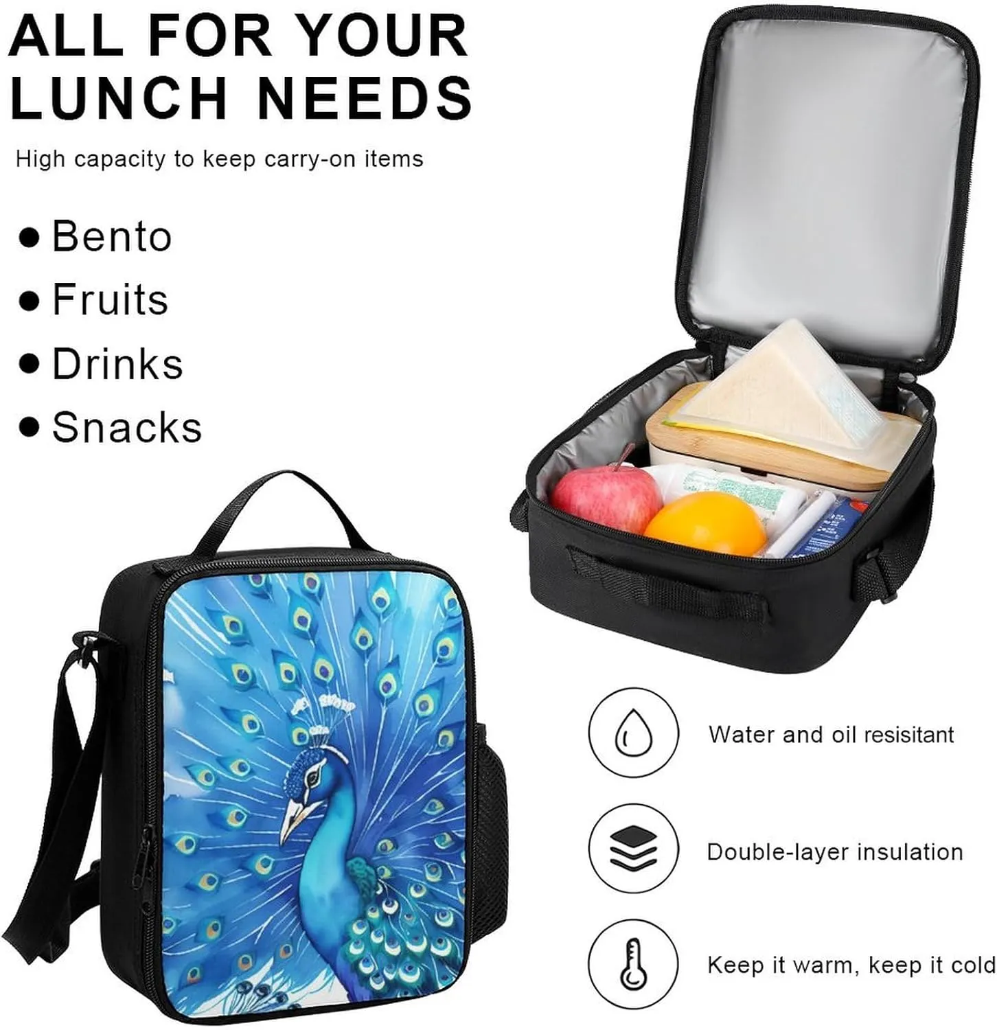 Supdreamc Shoulder Book Bags Sets, Rucksacks   Lunch Bag   Pencil Case for Travel Running, Peacock Blue Watercolor Art Travel Hiking Bag & Day Pack, One Size