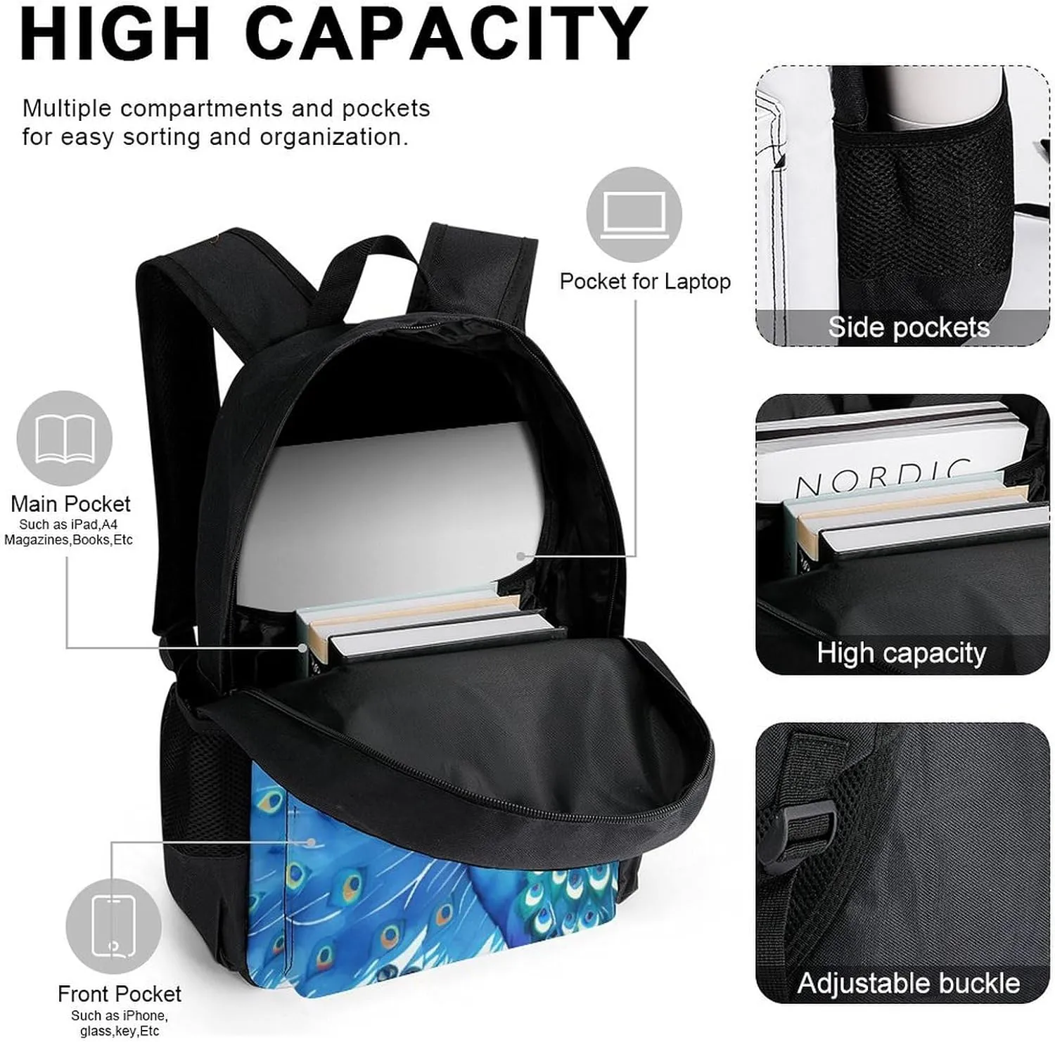 Supdreamc Shoulder Book Bags Sets, Rucksacks   Lunch Bag   Pencil Case for Travel Running, Peacock Blue Watercolor Art Travel Hiking Bag & Day Pack, One Size