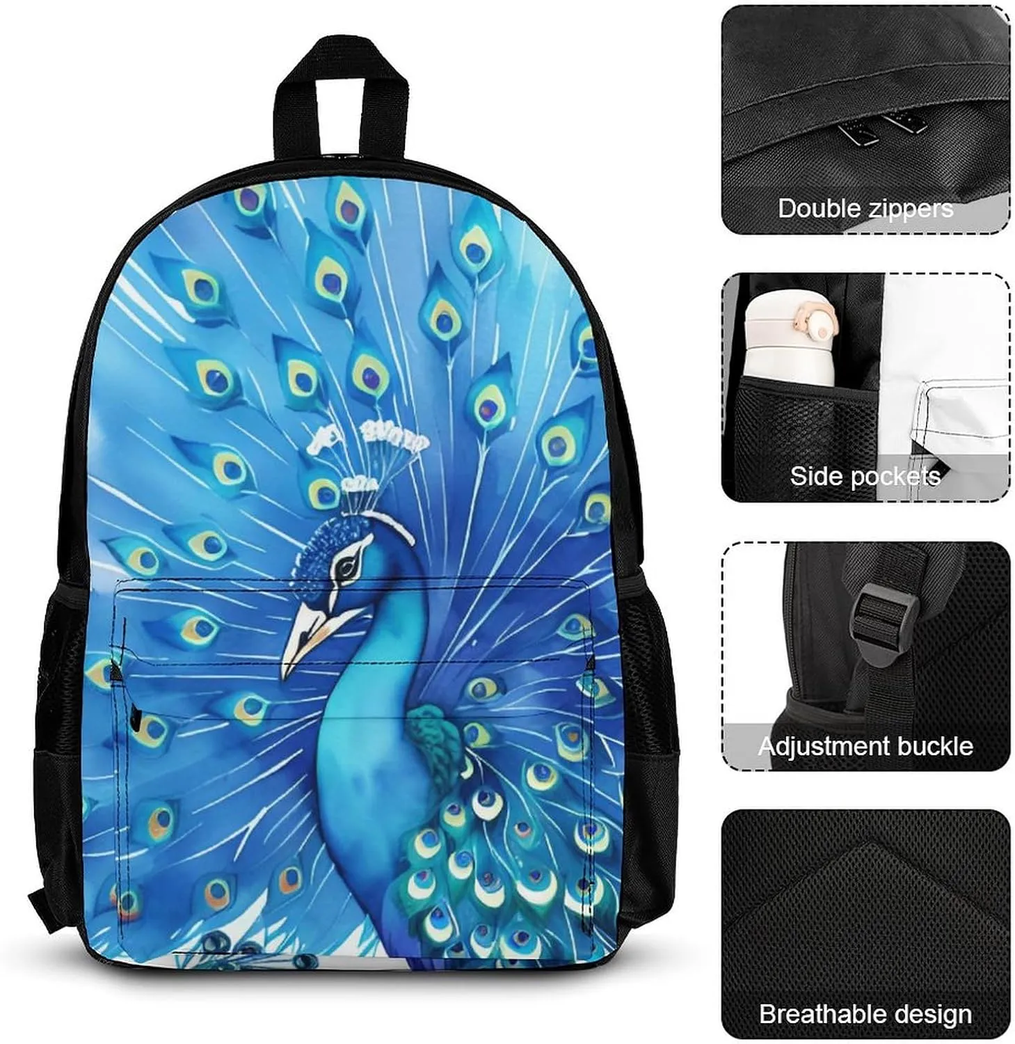 Supdreamc Shoulder Book Bags Sets, Rucksacks   Lunch Bag   Pencil Case for Travel Running, Peacock Blue Watercolor Art Travel Hiking Bag & Day Pack, One Size