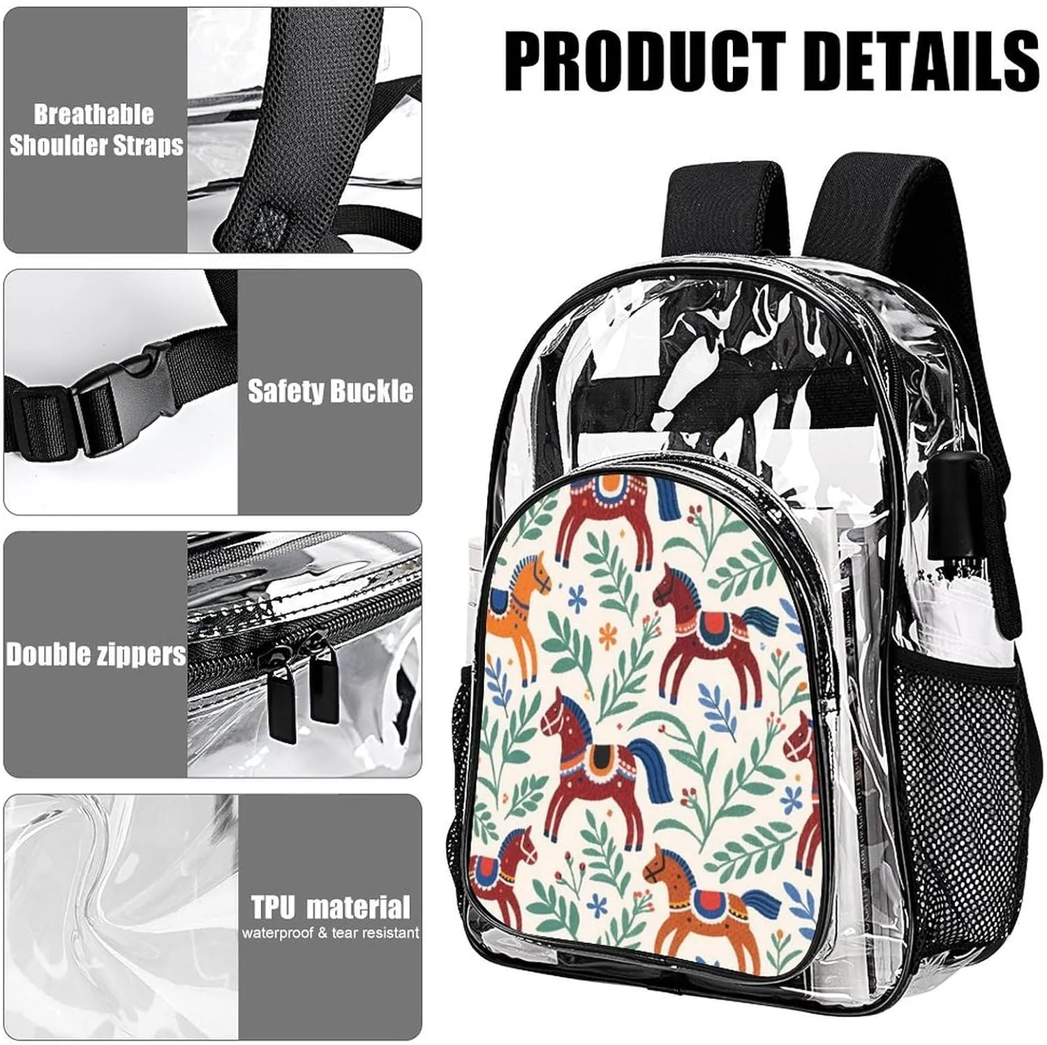 Supdreamc Transparent Daypack for Camping Travel Walking Cycling - Big Capacity Anti-Theft Multipurpose Bookbag, Dala Horse Art Camping Outdoor Backpack