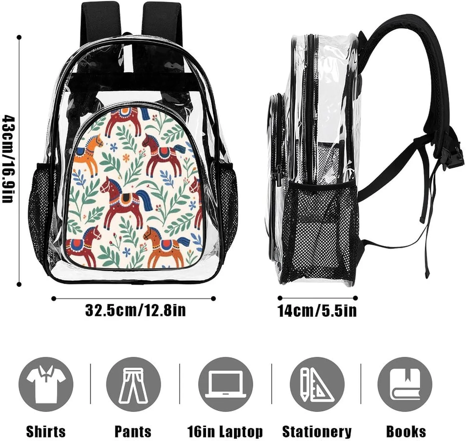 Supdreamc Transparent Daypack for Camping Travel Walking Cycling - Big Capacity Anti-Theft Multipurpose Bookbag, Dala Horse Art Camping Outdoor Backpack