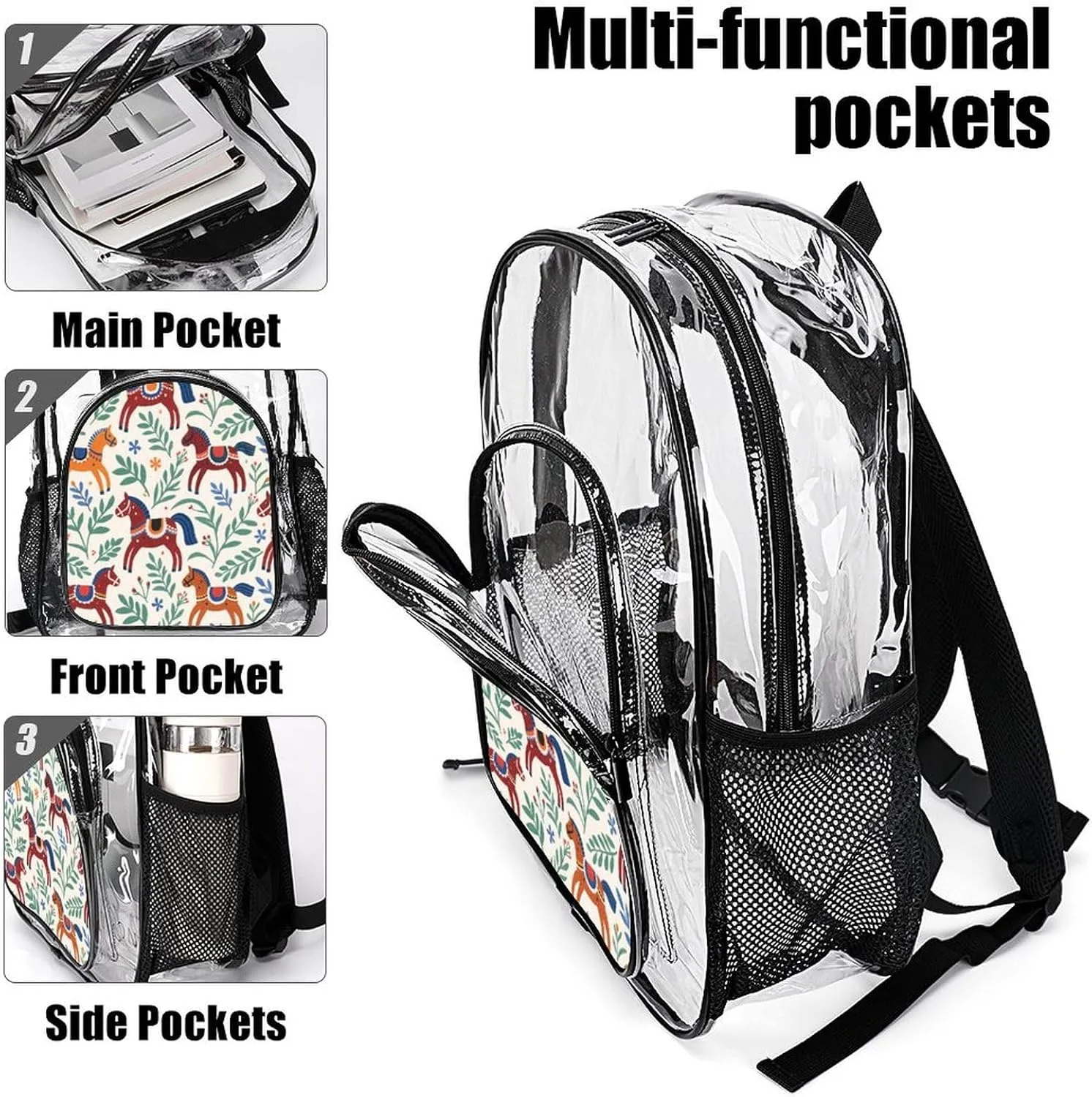 Supdreamc Transparent Daypack for Camping Travel Walking Cycling - Big Capacity Anti-Theft Multipurpose Bookbag, Dala Horse Art Camping Outdoor Backpack