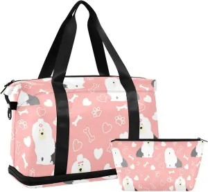 susiyo Pink Old English Sheepdog Duffle Bag for Wet Dry Shoe Pocket Gym Yoga Bag Durable Compression Straps & Handles Weekender Overnight Bag for Travel Sports Women Men