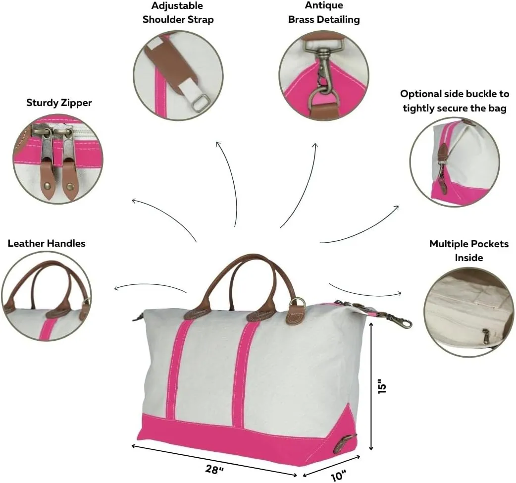 Tag&Crew Weekender Signature Duffle 20 Oz. Heavy Canvas Leather Handle Bag with Detachable Shoulder Strap Ideal for Overnight Travel Business Trip Vacations - Large, Fuchsia Pink