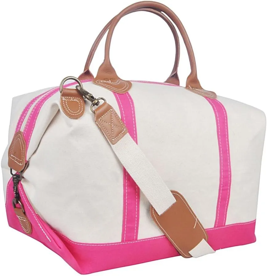 Tag&Crew Weekender Signature Duffle 20 Oz. Heavy Canvas Leather Handle Bag with Detachable Shoulder Strap Ideal for Overnight Travel Business Trip Vacations - Large, Fuchsia Pink