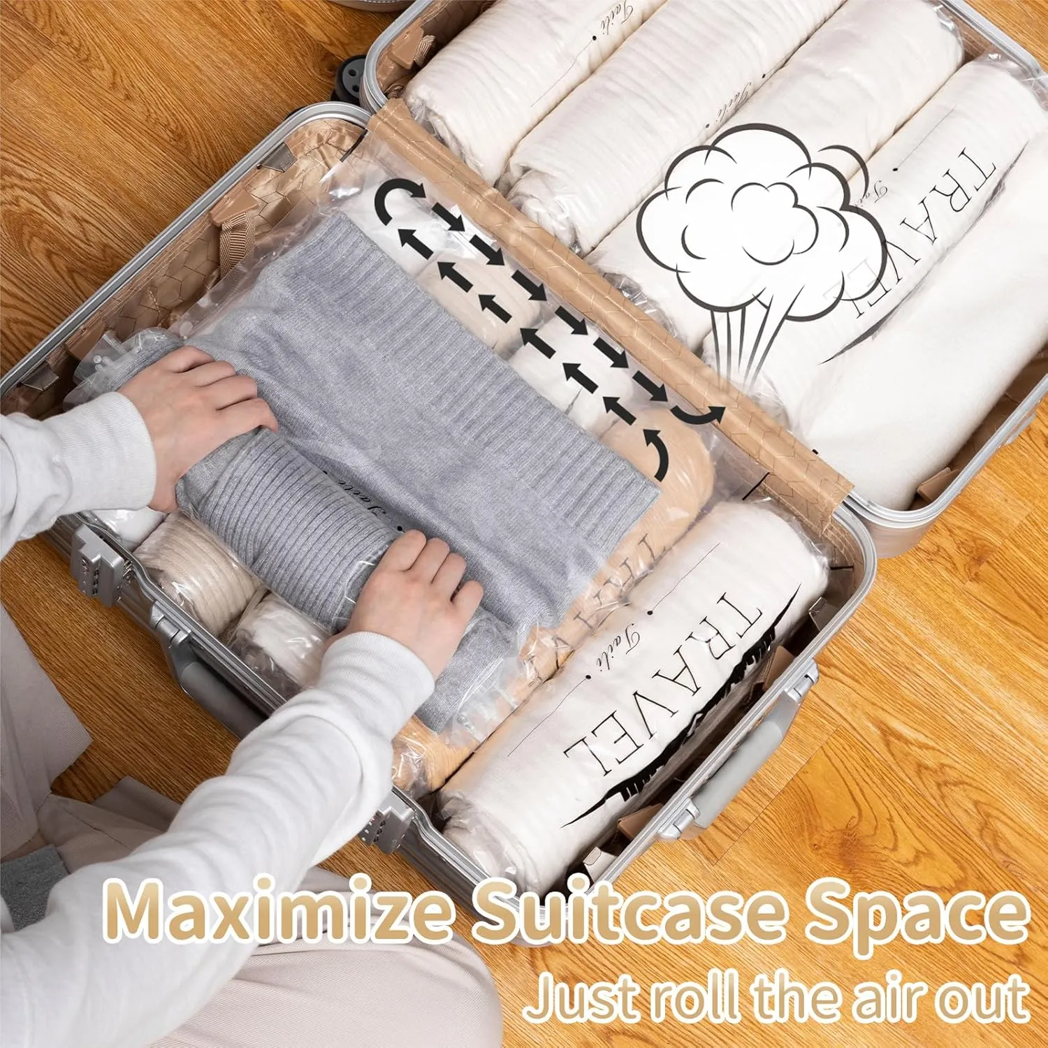 TAILI 10 Pack Travel Compression Bags, Roll Up Space Saver Bags (23.6x15.7 inch), Hand Roll Packing for Luggage, Suitcase, Backpack, No Tools or Vacuum Needed, Travel Accessories, Clear