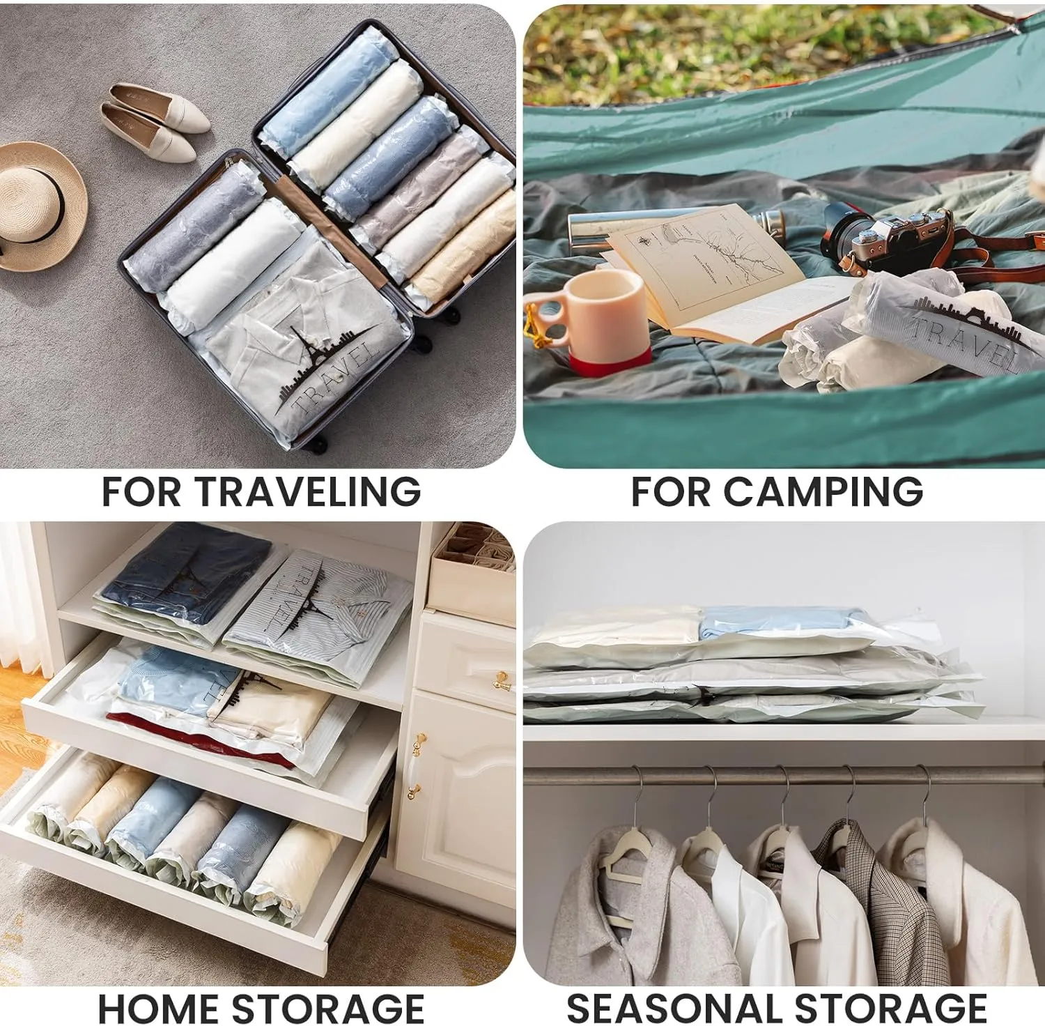 TAILI 10 Pack Travel Compression Bags, Roll Up Space Saver Bags (23.6x15.7 inch), Hand Roll Packing for Luggage, Suitcase, Backpack, No Tools or Vacuum Needed, Travel Accessories, Clear
