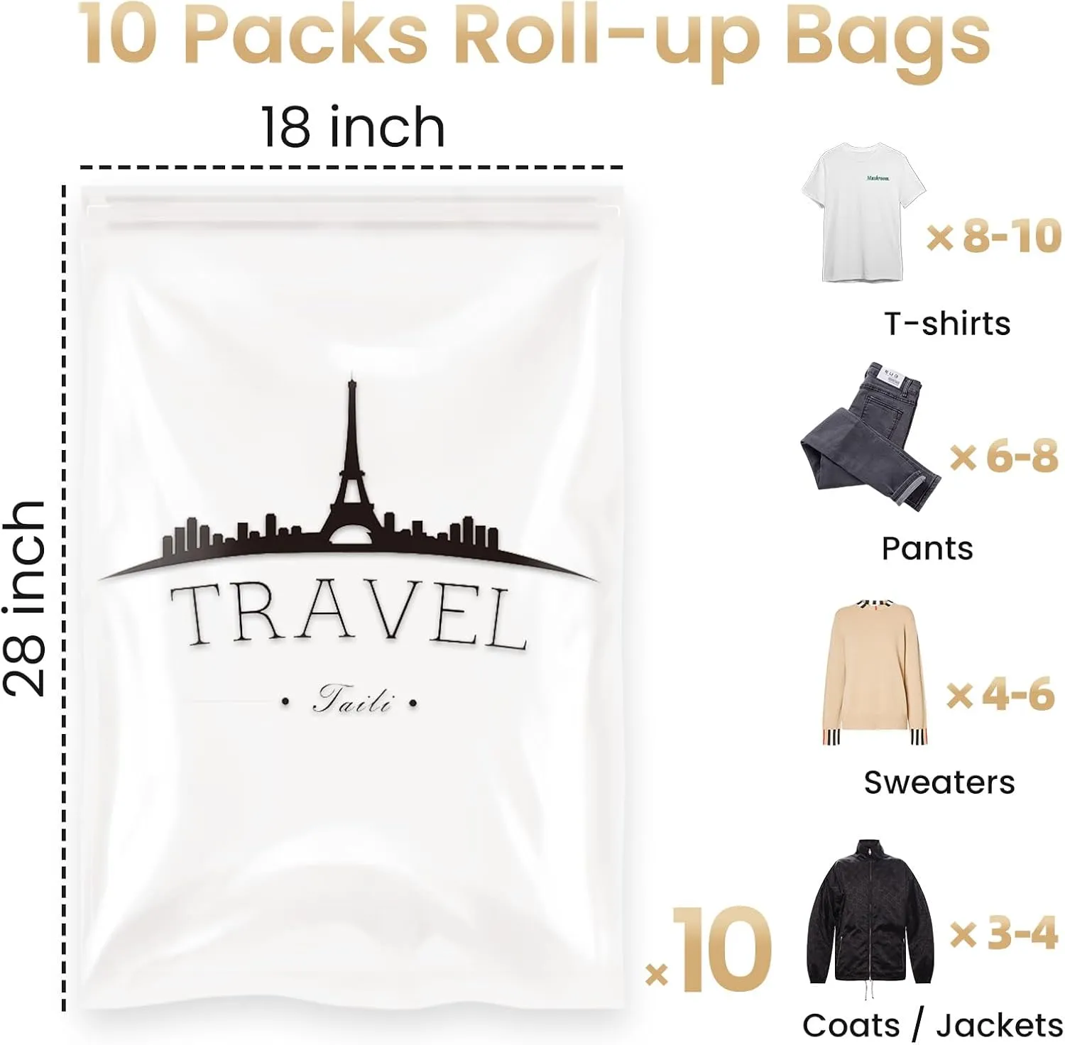 TAILI 10 Pack Travel Compression Bags, Roll Up Space Saver Bags (23.6x15.7 inch), Hand Roll Packing for Luggage, Suitcase, Backpack, No Tools or Vacuum Needed, Travel Accessories, Clear