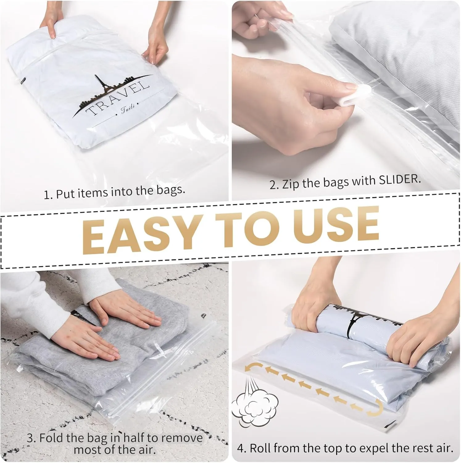TAILI 10 Pack Travel Compression Bags, Roll Up Space Saver Bags (23.6x15.7 inch), Hand Roll Packing for Luggage, Suitcase, Backpack, No Tools or Vacuum Needed, Travel Accessories, Clear