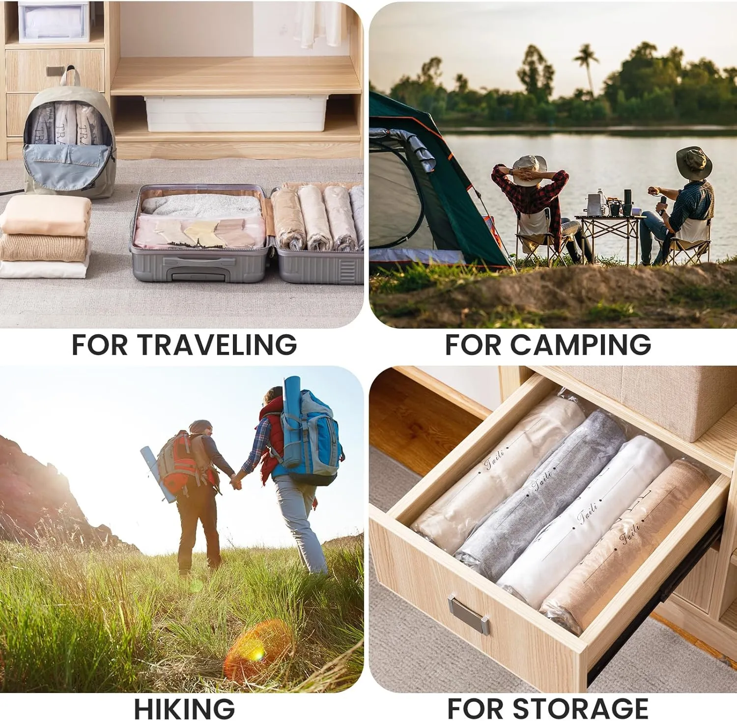 TAILI 12 Pack Travel Compression Bags, Roll Up Space Saver Bags (6 Large 6 Medium), No Vacuum Needed Reusable Packing for Luggage, Suitcase, Backpack, Travel Essentials, Clear