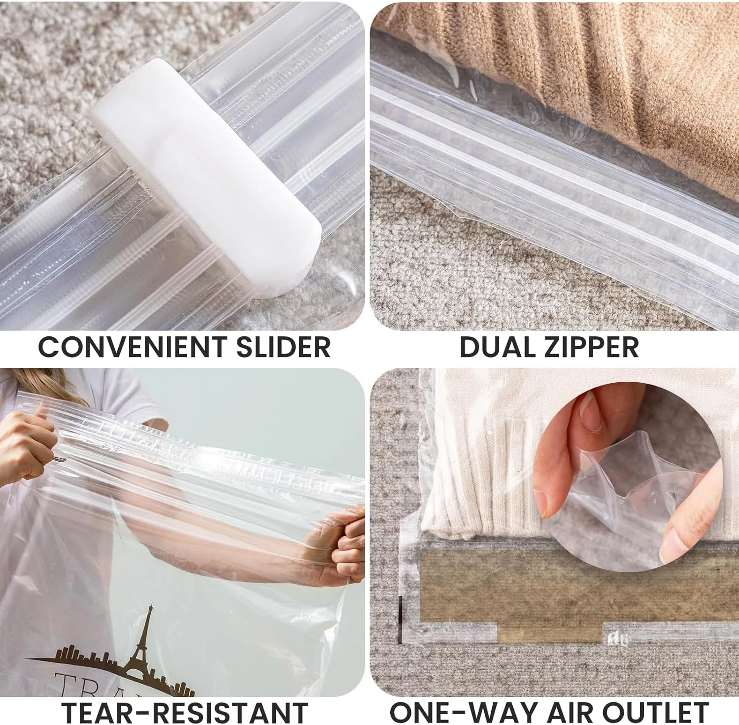TAILI 12 Pack Travel Compression Bags, Roll Up Space Saver Bags (6 Large 6 Medium), No Vacuum Needed Reusable Packing for Luggage, Suitcase, Backpack, Travel Essentials, Clear