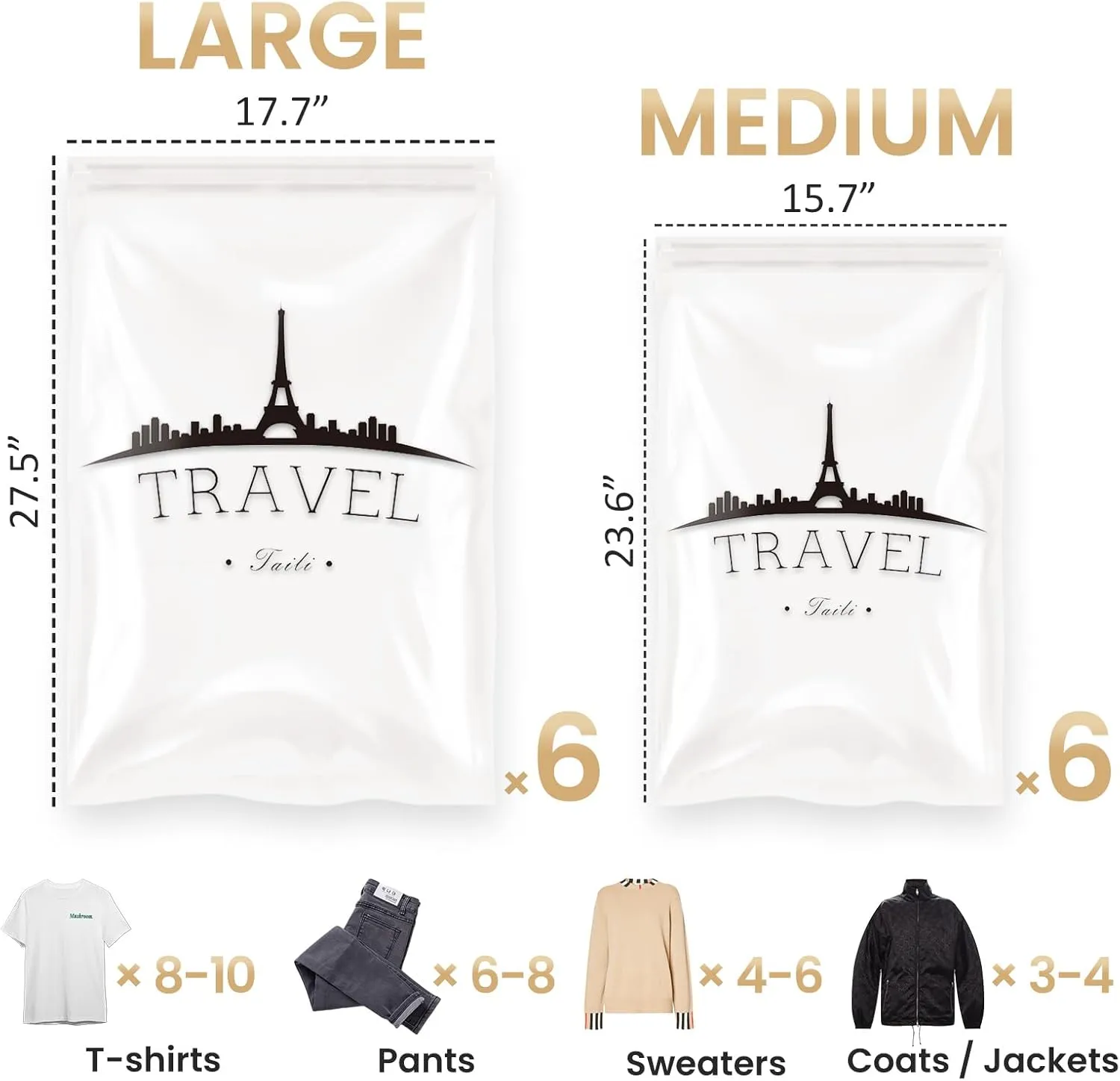 TAILI 12 Pack Travel Compression Bags, Roll Up Space Saver Bags (6 Large 6 Medium), No Vacuum Needed Reusable Packing for Luggage, Suitcase, Backpack, Travel Essentials, Clear