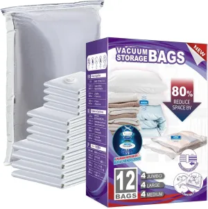 TAILI 12 Pack Vacuum Storage Bags, Space Saver Combo(4 Jumbo, 4 Large, 4 Medium), Vacuum Seal Bags for Clothes Beddings Comforters Quilts Pillows Plush Toys, Variety Sizes Space Saving