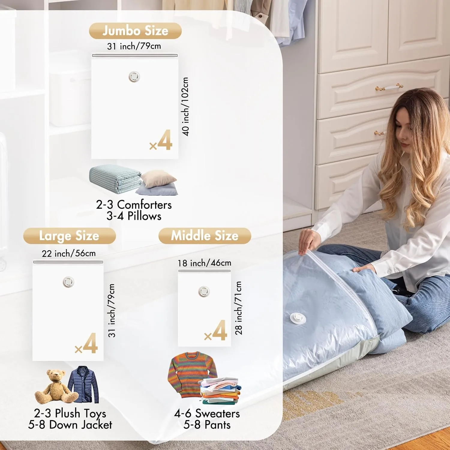 TAILI 12 Pack Vacuum Storage Bags, Space Saver Combo(4 Jumbo, 4 Large, 4 Medium), Vacuum Seal Bags for Clothes Beddings Comforters Quilts Pillows Plush Toys, Variety Sizes Space Saving