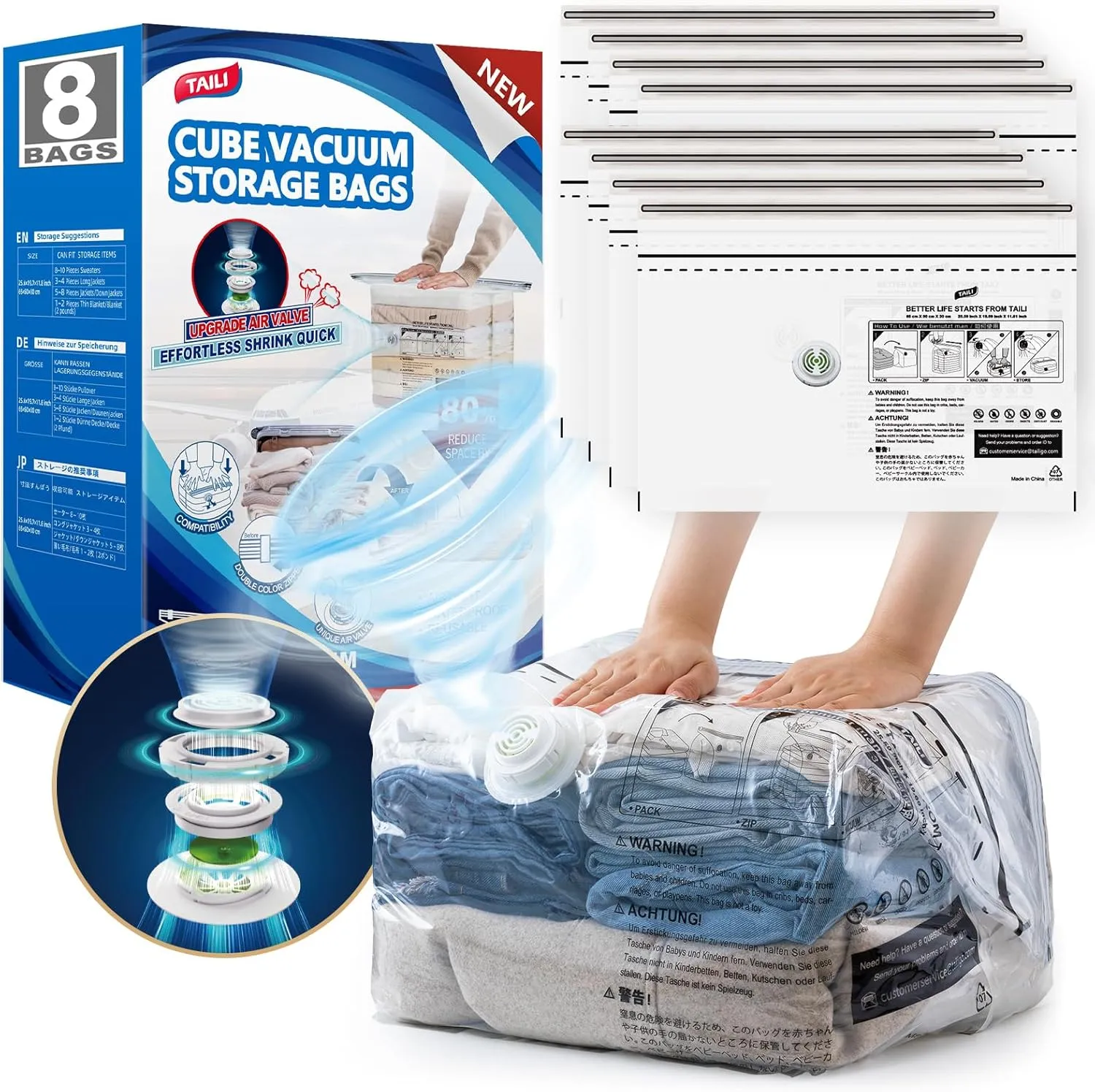 TAILI 8 Pack Vacuum Storage Bags for Travel, Cube Medium Size (25x19x11 inch), Reusable Space Saver Compression Bags for Travel Suitcases and Luggage