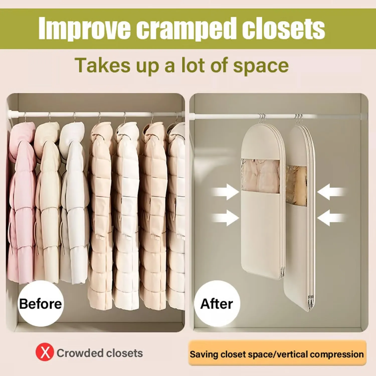 Taprinferior Hanging Garment Bag, Space Bags Vacuum Storage Bags, 2025 Space Saving Hanging Garment Bag With Self Compression Zipper, Storage Bag For Down Coat, Jackets, Suit (Pink, Medium)
