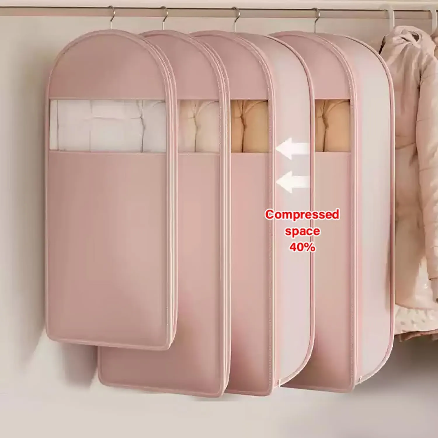 Taprinferior Hanging Garment Bag, Space Bags Vacuum Storage Bags, 2025 Space Saving Hanging Garment Bag With Self Compression Zipper, Storage Bag For Down Coat, Jackets, Suit (Pink, Medium)