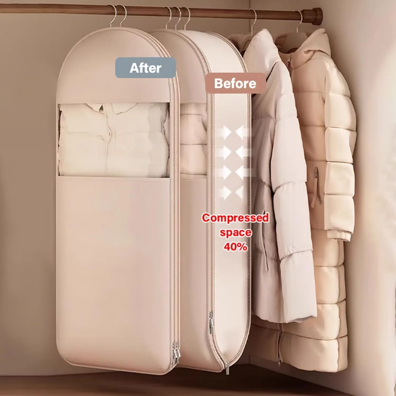 Taprinferior Hanging Garment Bag, Space Bags Vacuum Storage Bags, 2025 Space Saving Hanging Garment Bag With Self Compression Zipper, Storage Bag For Down Coat, Jackets, Suit (Pink, Medium)