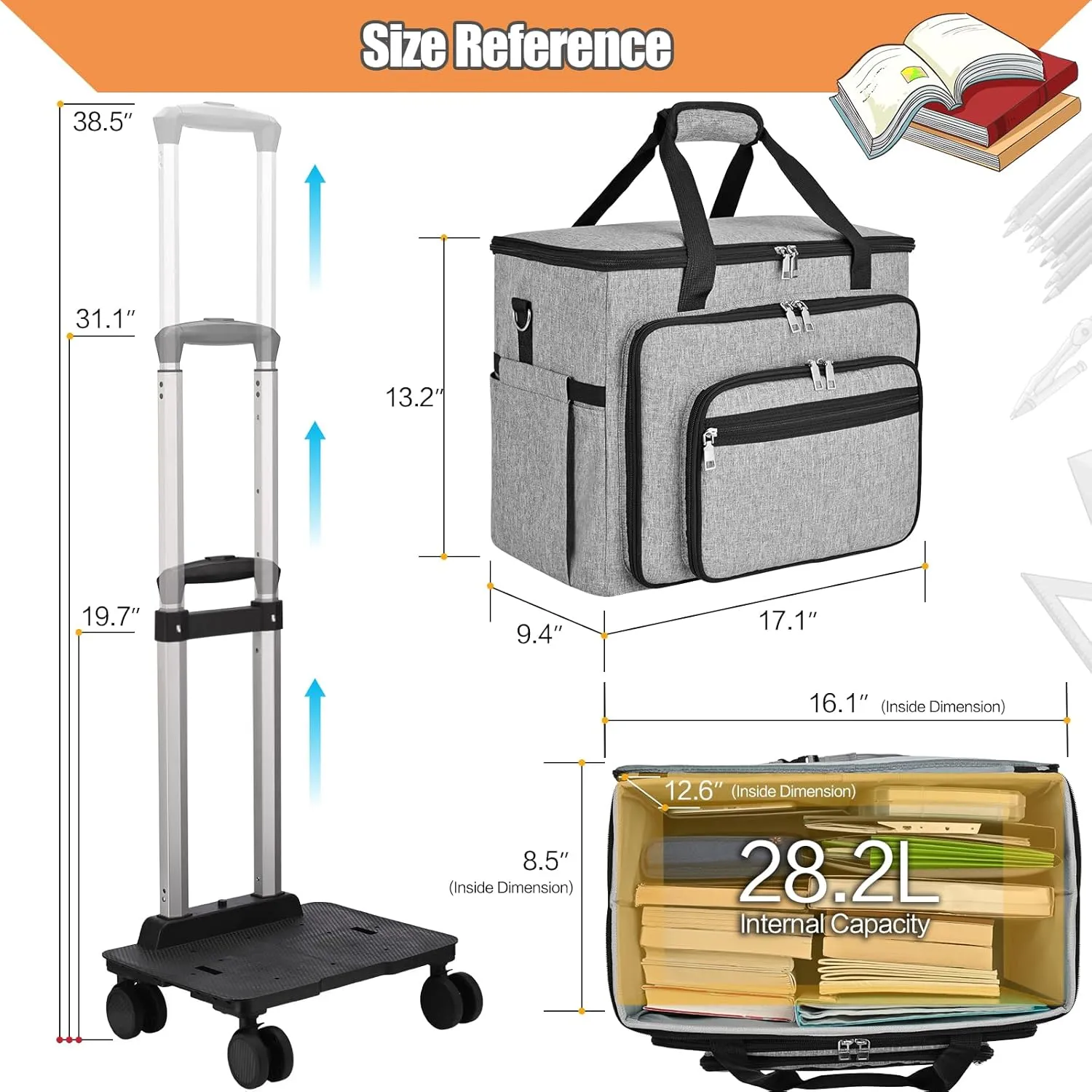 Teacher Bag with Detachable Dolly Multifunctional Rolling Tote Bag Briefcase Wheeled Bag for Work,Teaching,Office,Craft