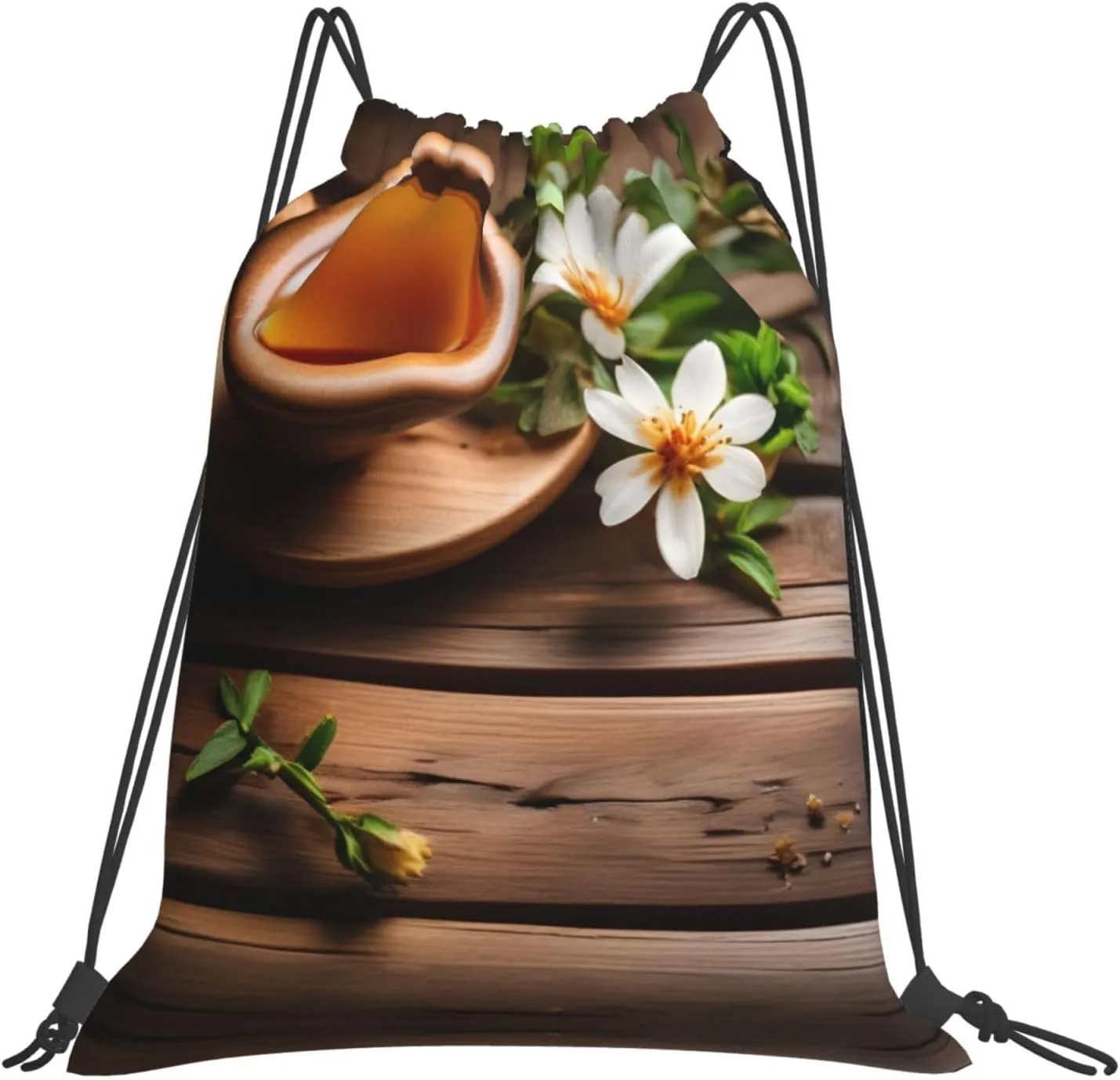 Teal Flower On Wooden Plank Drawstring Cinch Backpack String Bag For Outdoor Sports Hiking Camping Adventure