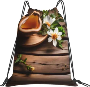 Teal Flower On Wooden Plank Drawstring Cinch Backpack String Bag For Outdoor Sports Hiking Camping Adventure