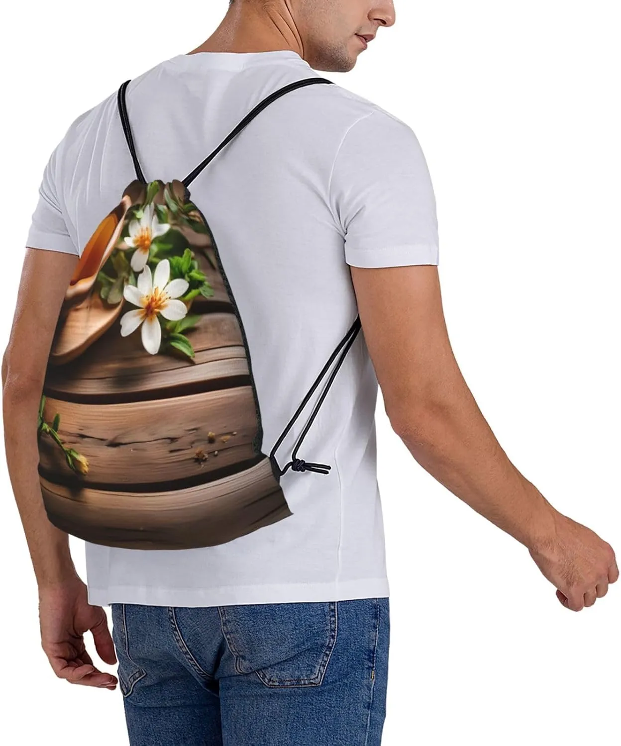Teal Flower On Wooden Plank Drawstring Cinch Backpack String Bag For Outdoor Sports Hiking Camping Adventure