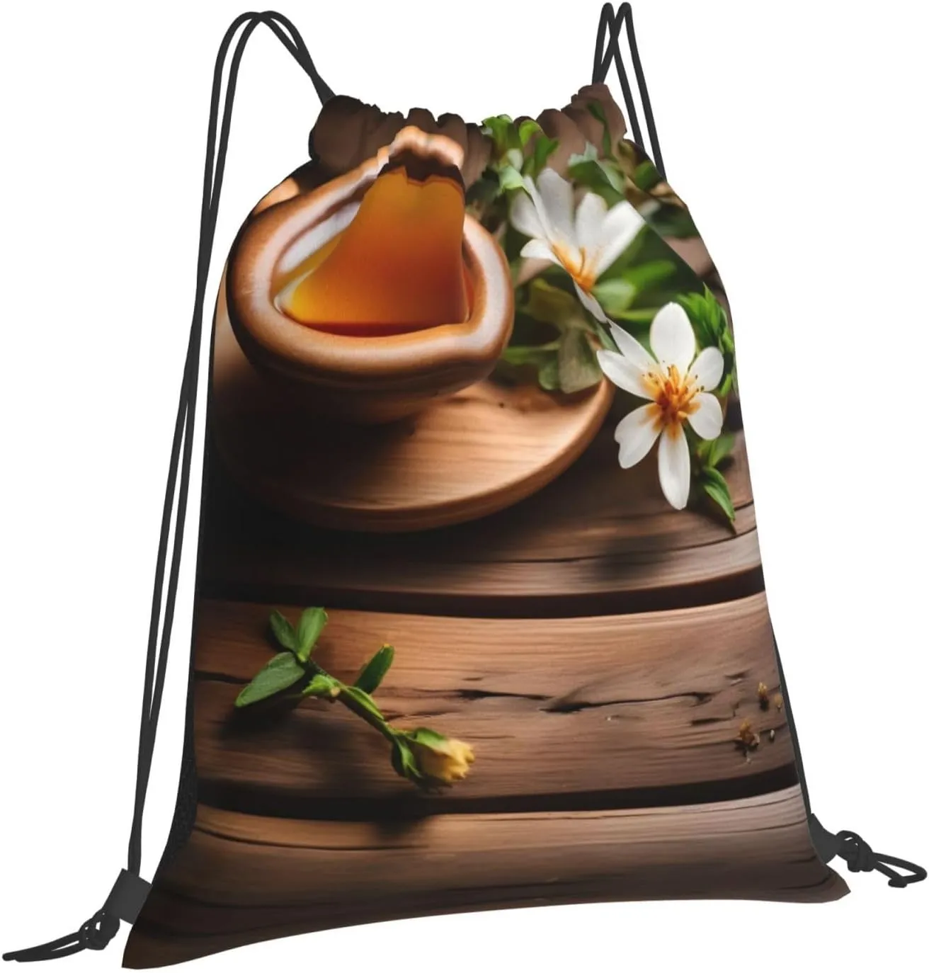 Teal Flower On Wooden Plank Drawstring Cinch Backpack String Bag For Outdoor Sports Hiking Camping Adventure