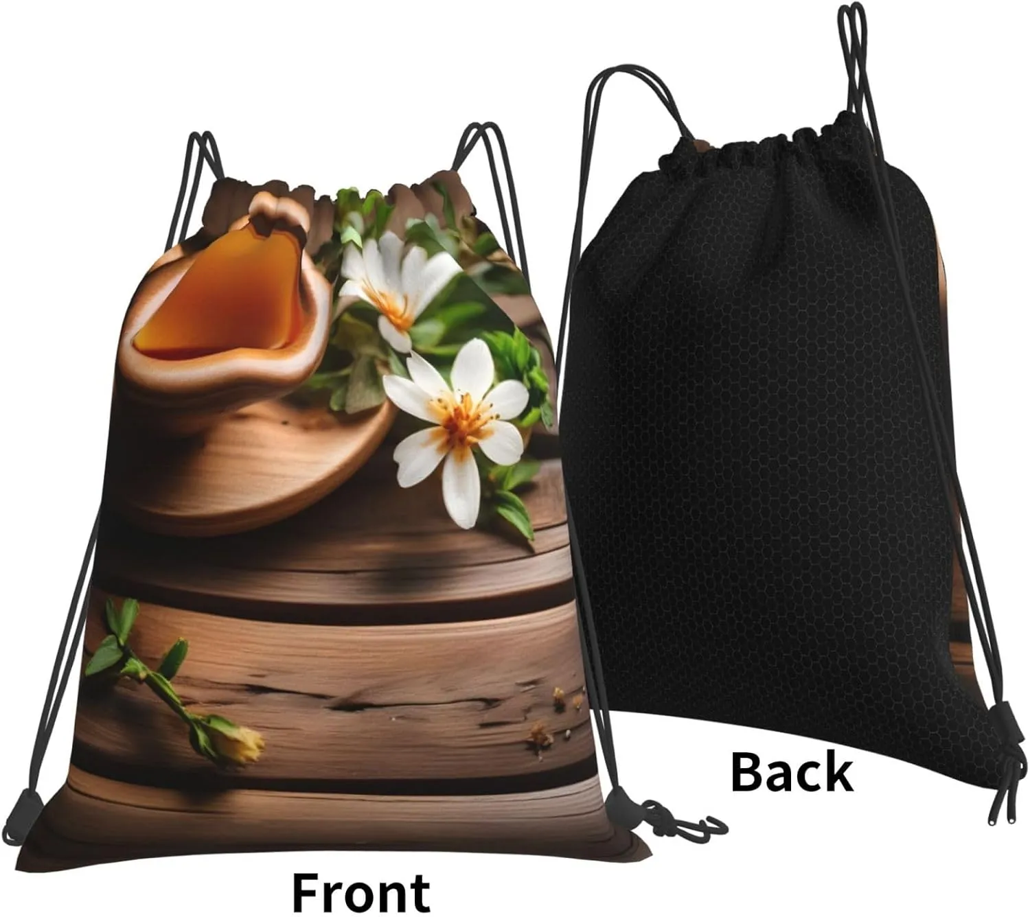 Teal Flower On Wooden Plank Drawstring Cinch Backpack String Bag For Outdoor Sports Hiking Camping Adventure