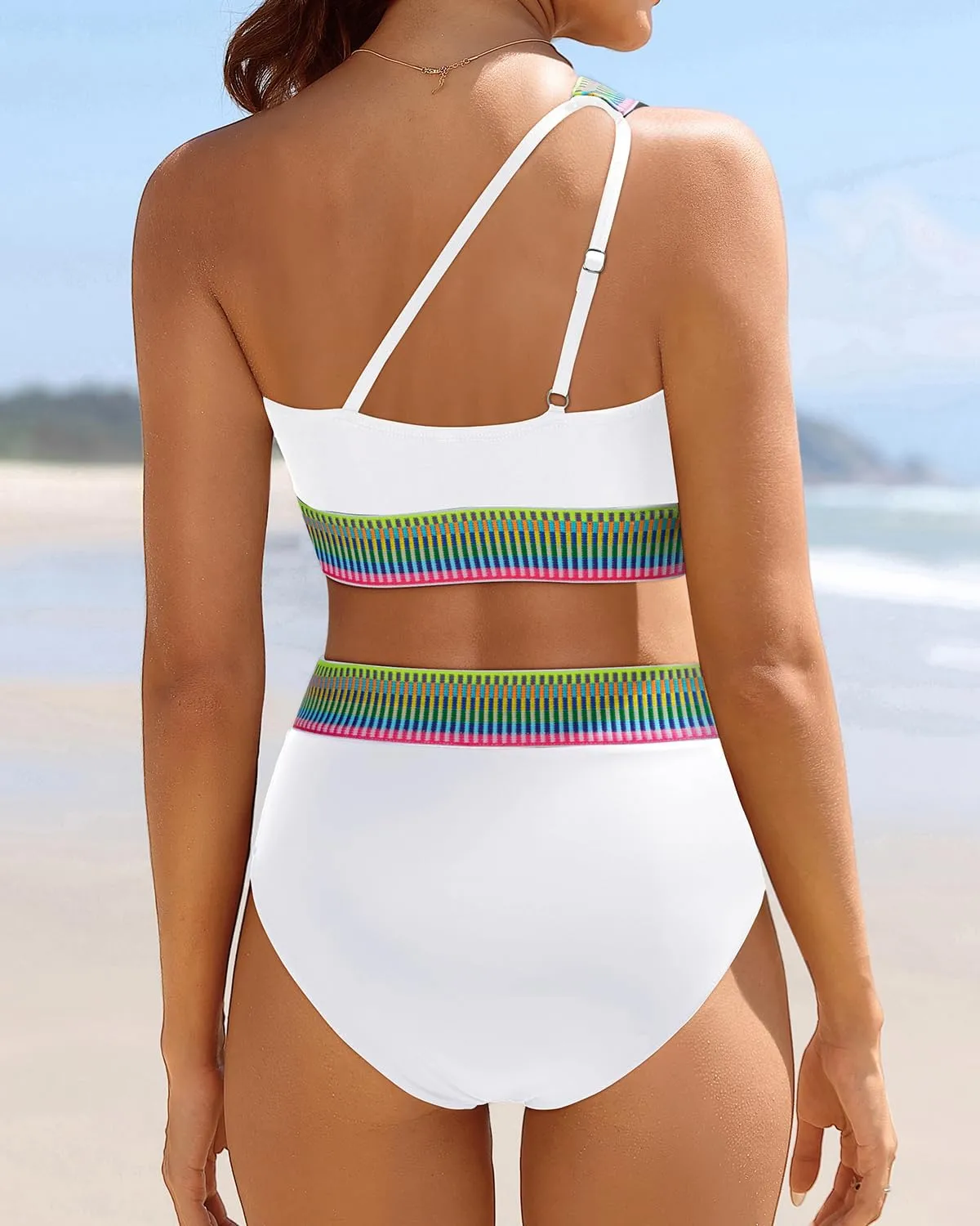 Tempt Me Women High Waisted Bikini Set - One Shoulder Two Piece Swimsuits Color Block Bathing Suits with Swimwear Bottom
