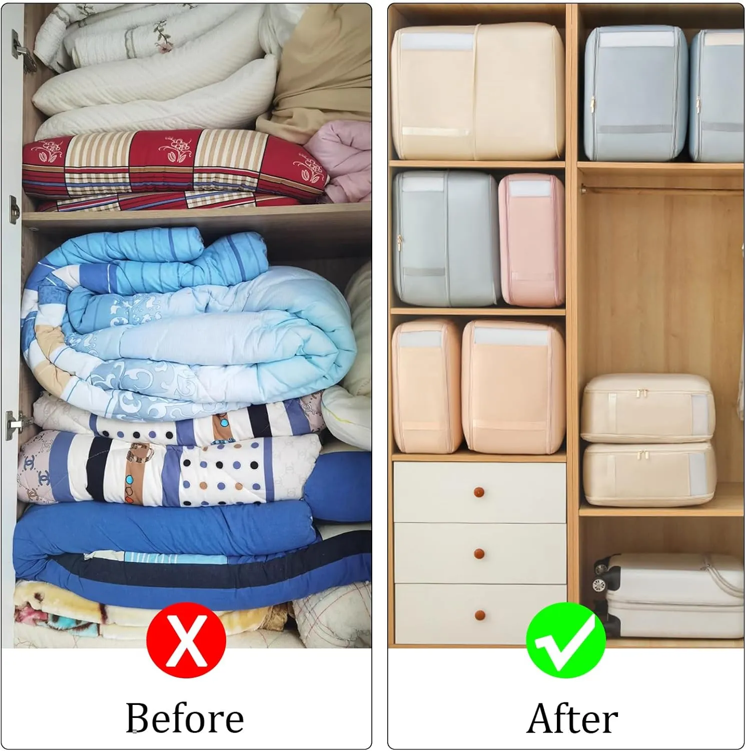 TIGARI Ultra Space Saving Self Compression Organizer, Storage Bag for Comforters, Blankets, Bedding and Clothes, Compression Packing Cubes Moving Bags, Storage and Organization for Travel