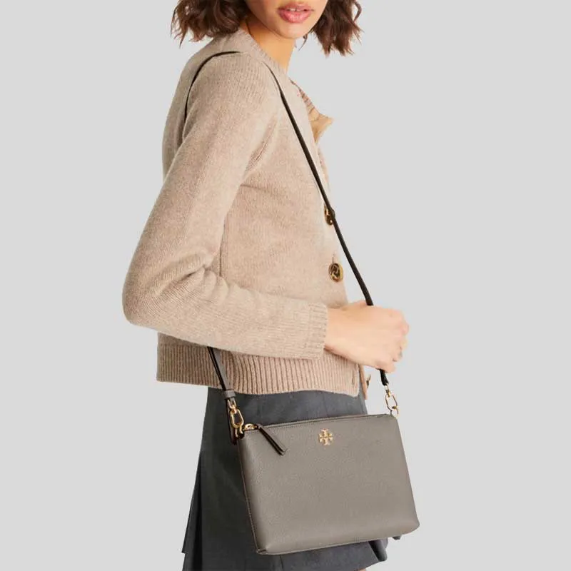 TORY BURCH Mercer Pebbled Zip Crossbody Gray Heron RS-61385