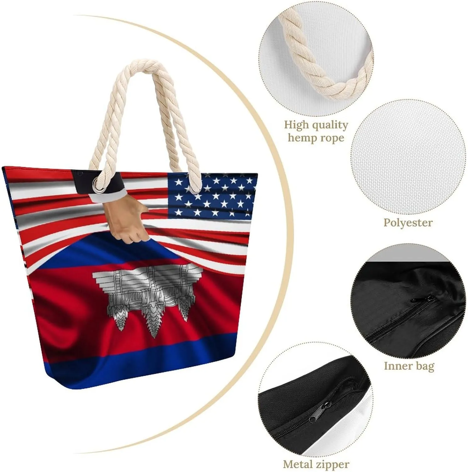 Tote Bag Large Handles Beach Bag with Zipper for Shopping Groceries Travel Outdoors Swim Pool Bag
